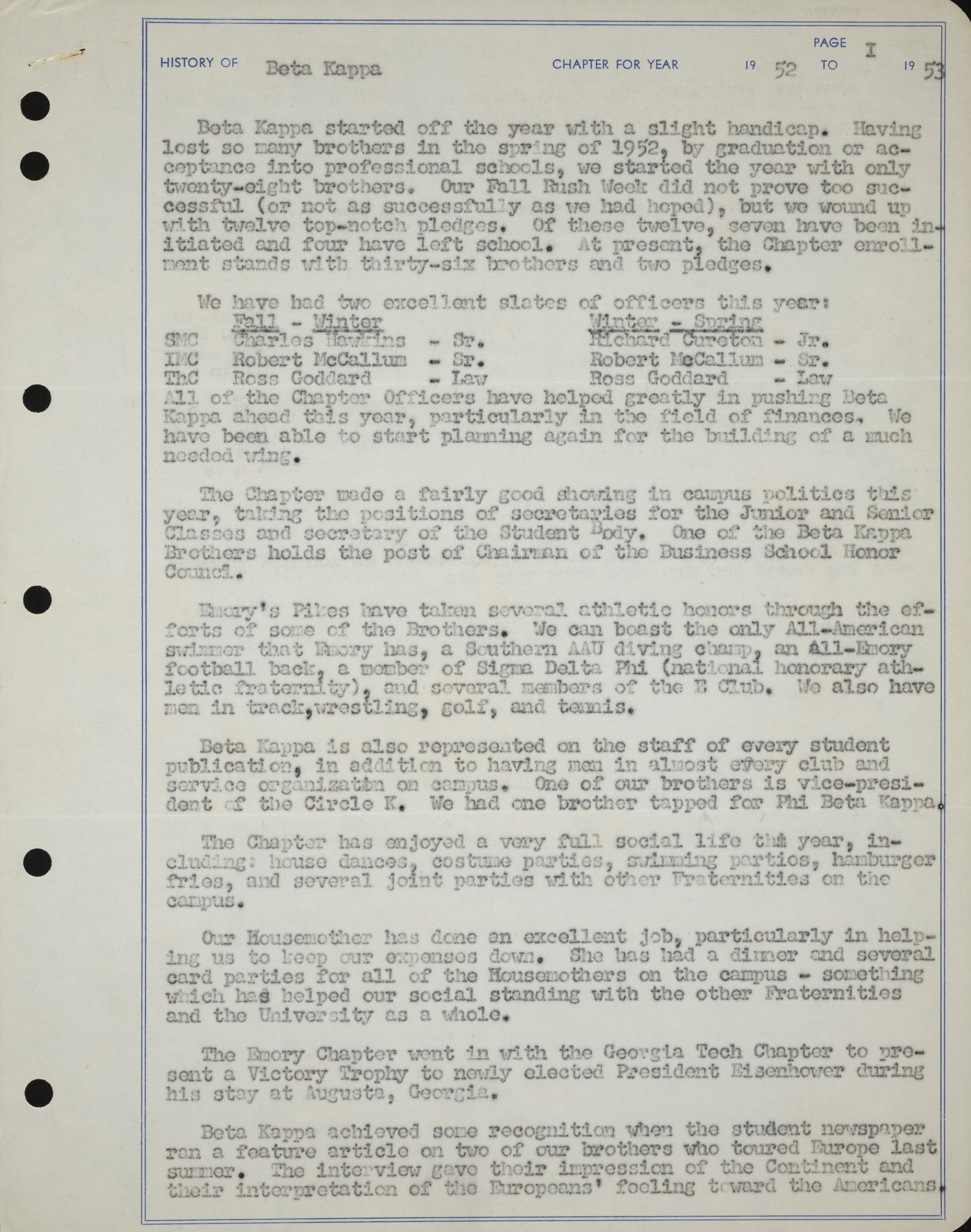 History of Beta Kappa Chapter, 1952-1953