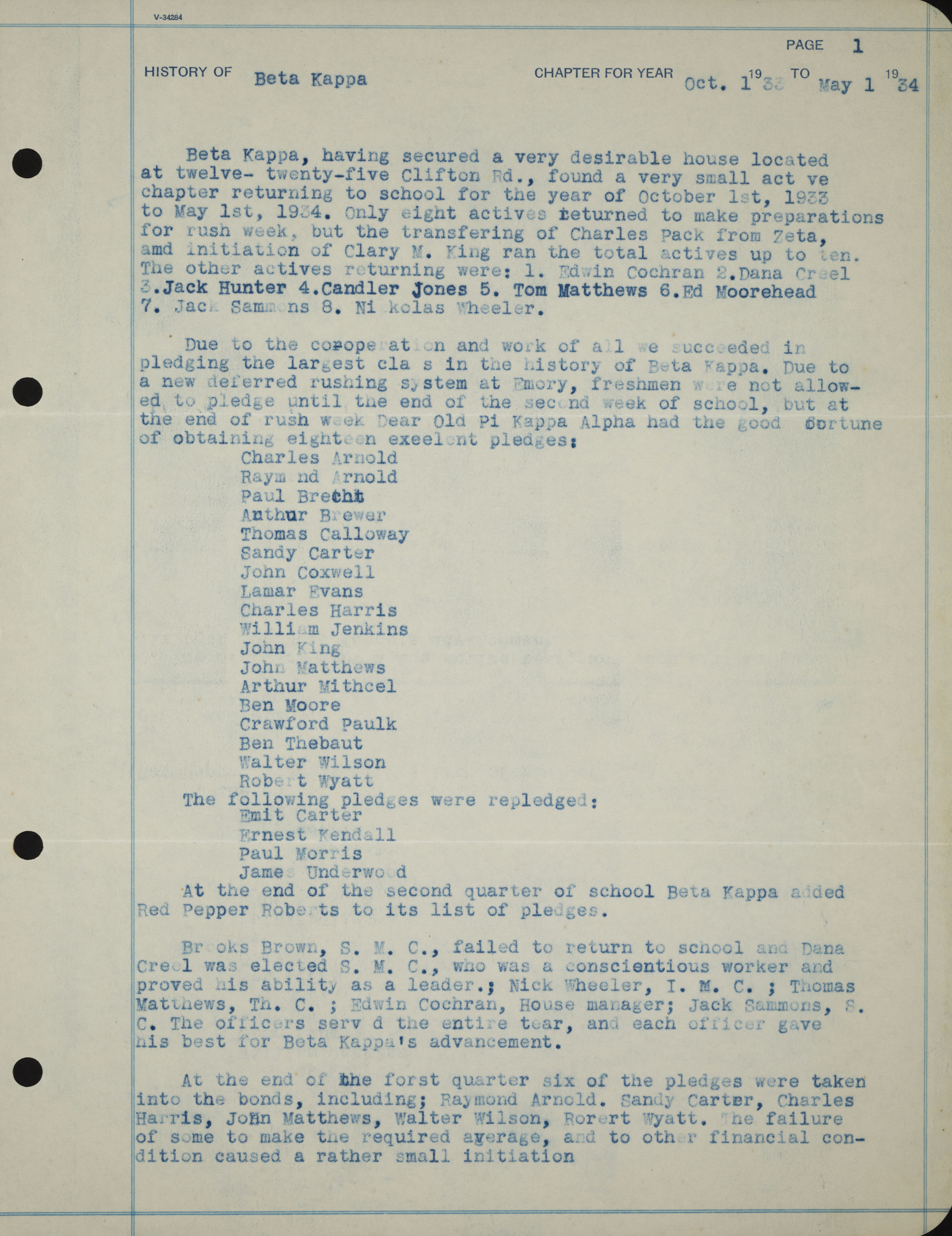 History of Beta Kappa Chapter, October 1, 1933-May 1, 1934