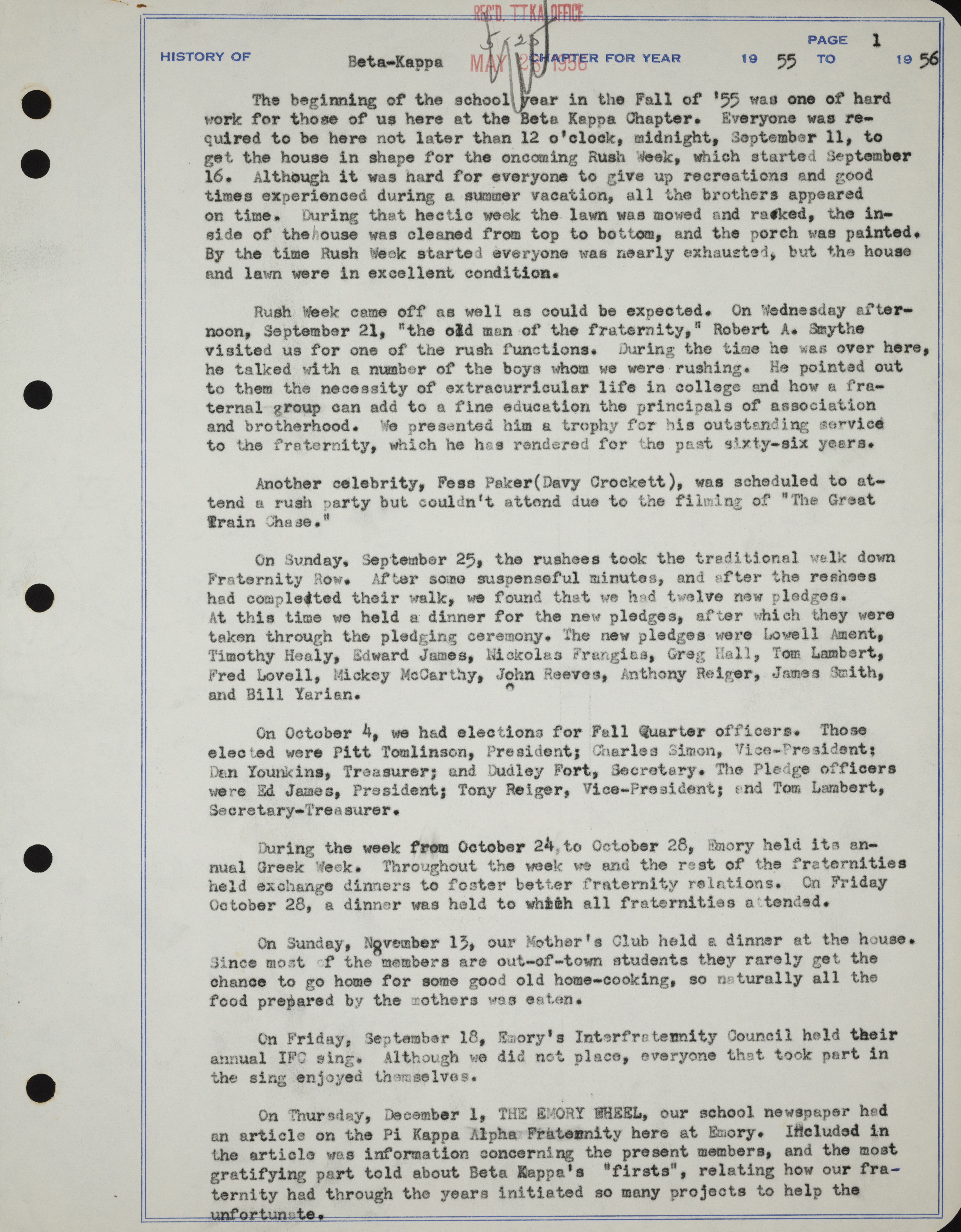 History of Beta Kappa Chapter, 1955-1956