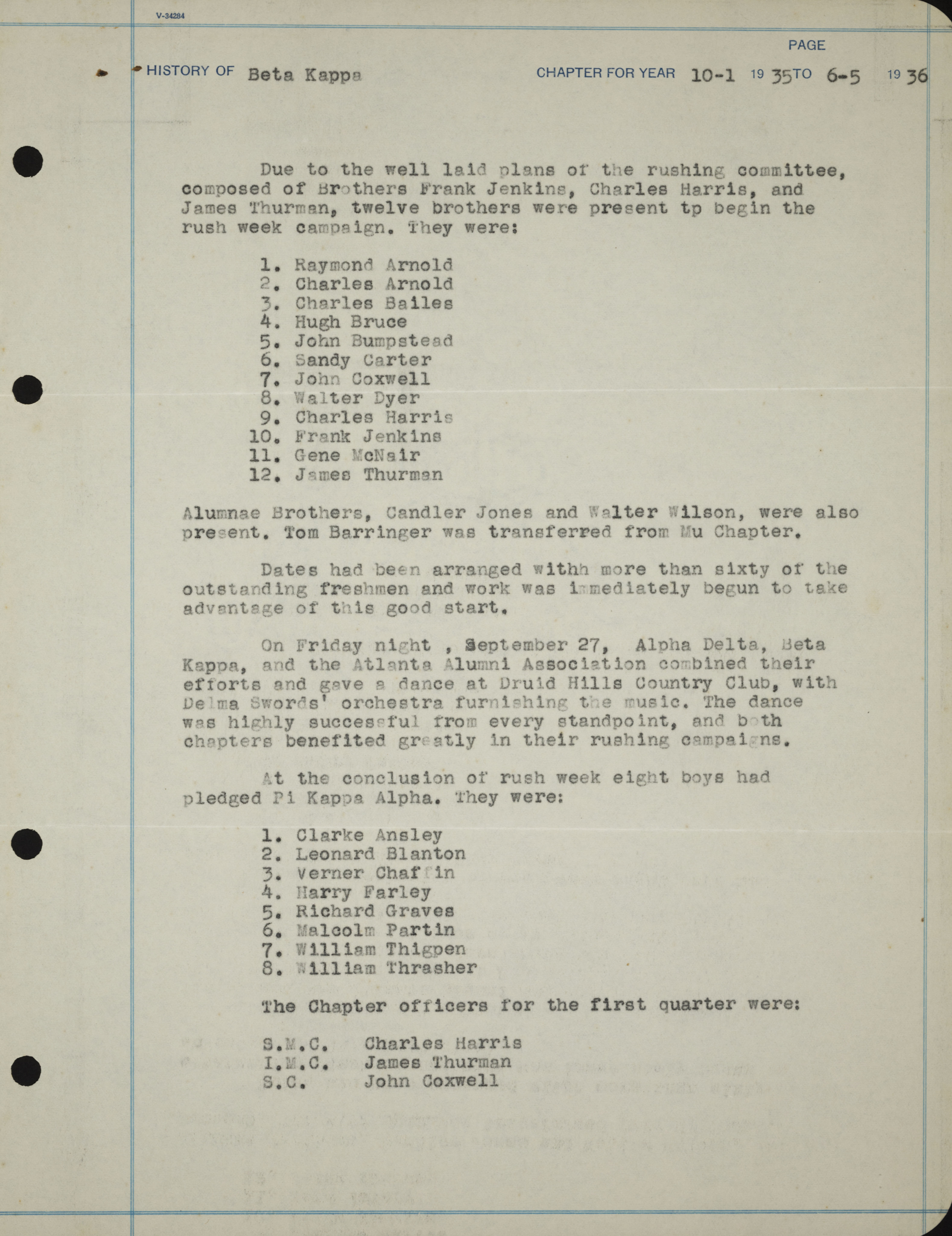 History of Beta Kappa Chapter, October 1, 1935-June 5, 1936
