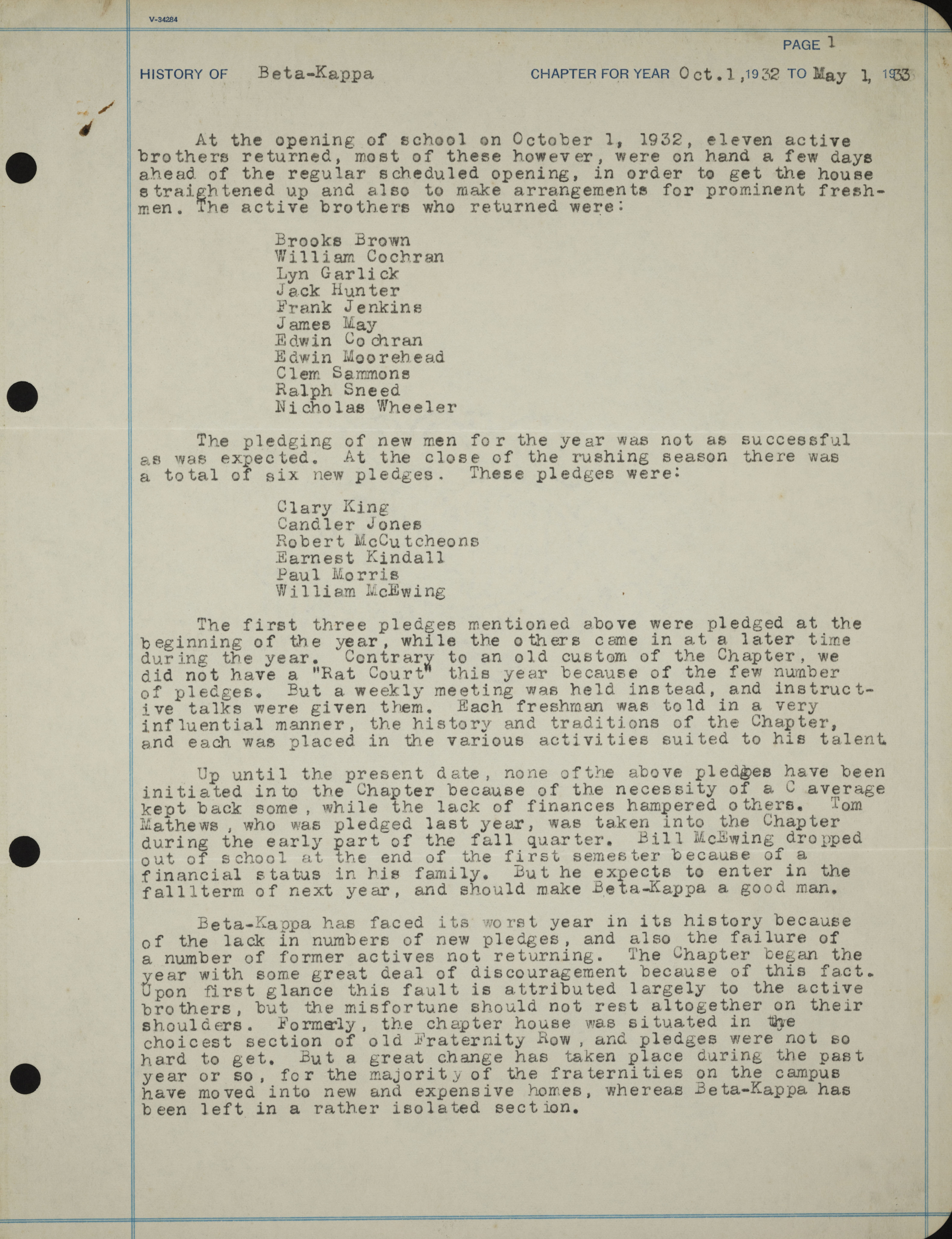 History of Beta Kappa Chapter, October 1, 1932-May 1, 1933