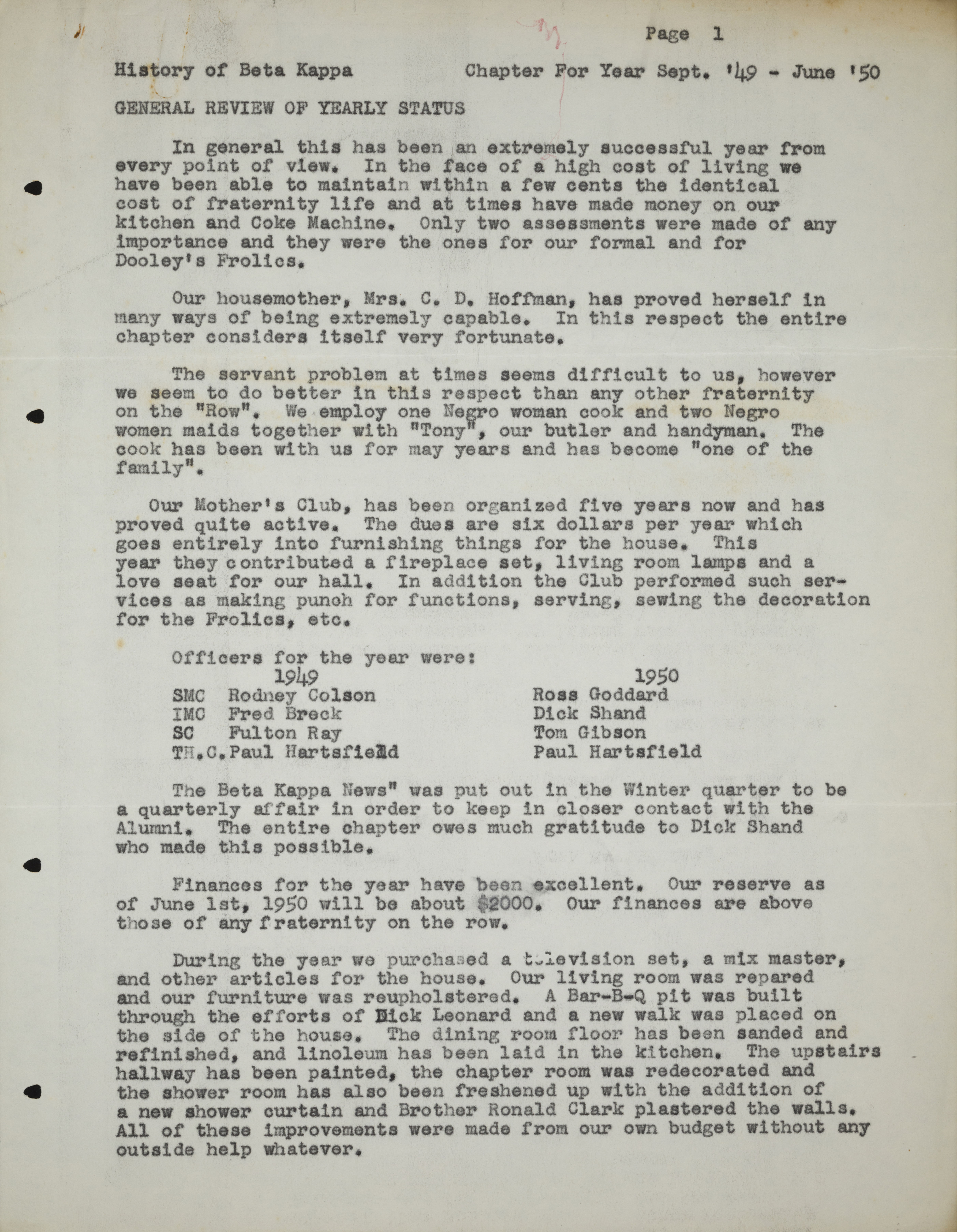 History of Beta Kappa Chapter, September 1949-June 1950