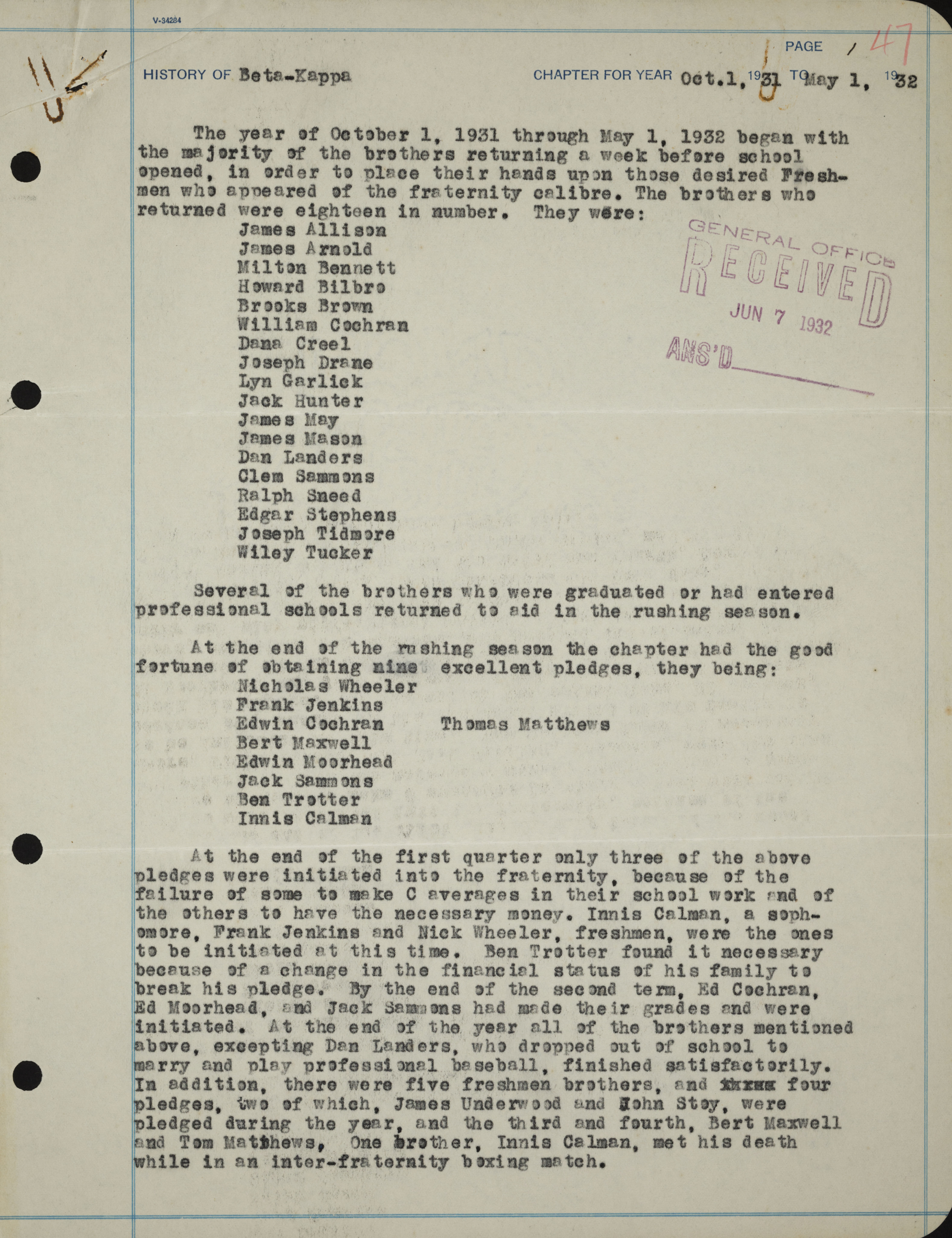 History of Beta Kappa Chapter, October 1, 1931-May 1, 1932