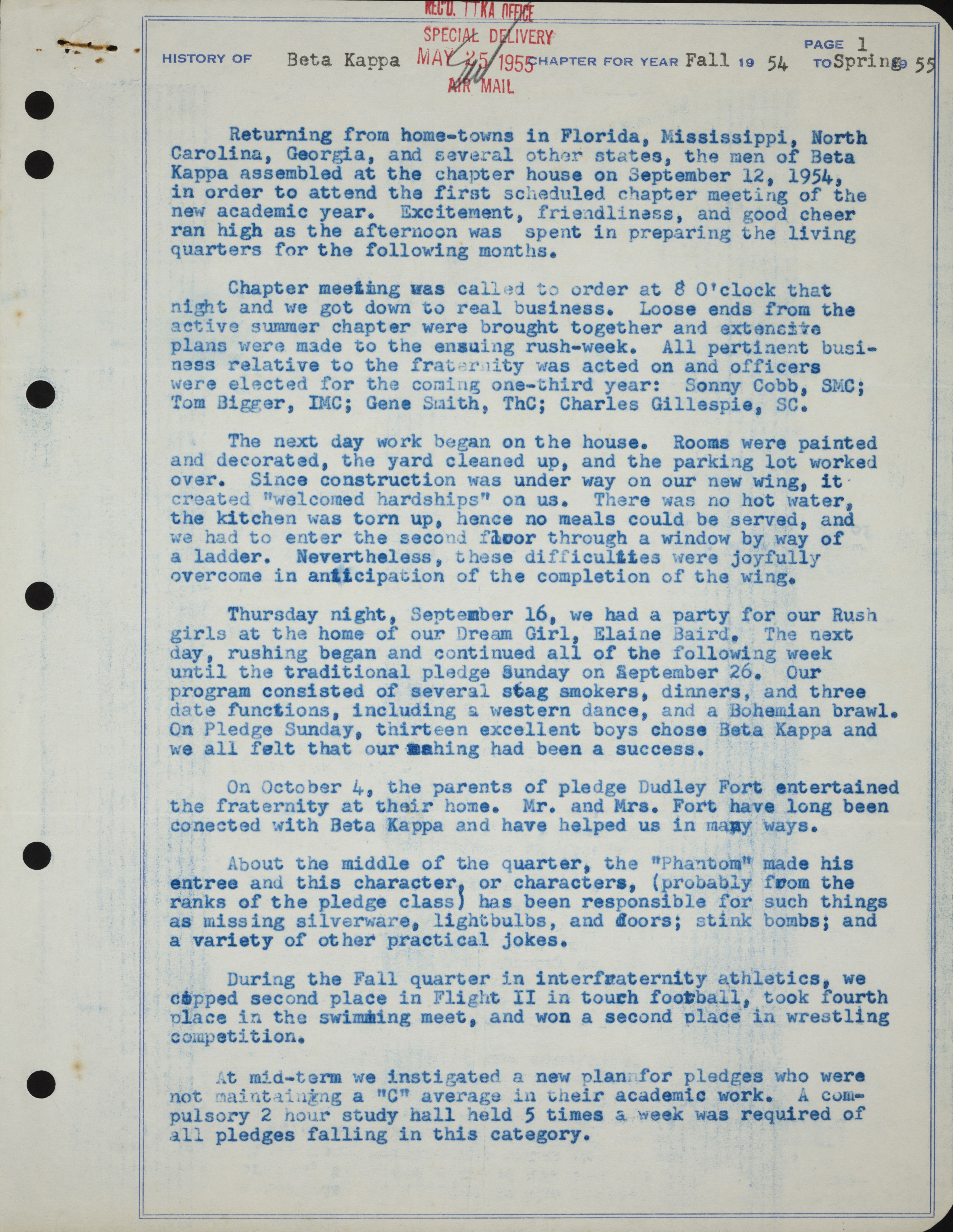 History of Beta Kappa Chapter, Fall 1954-Spring 1955