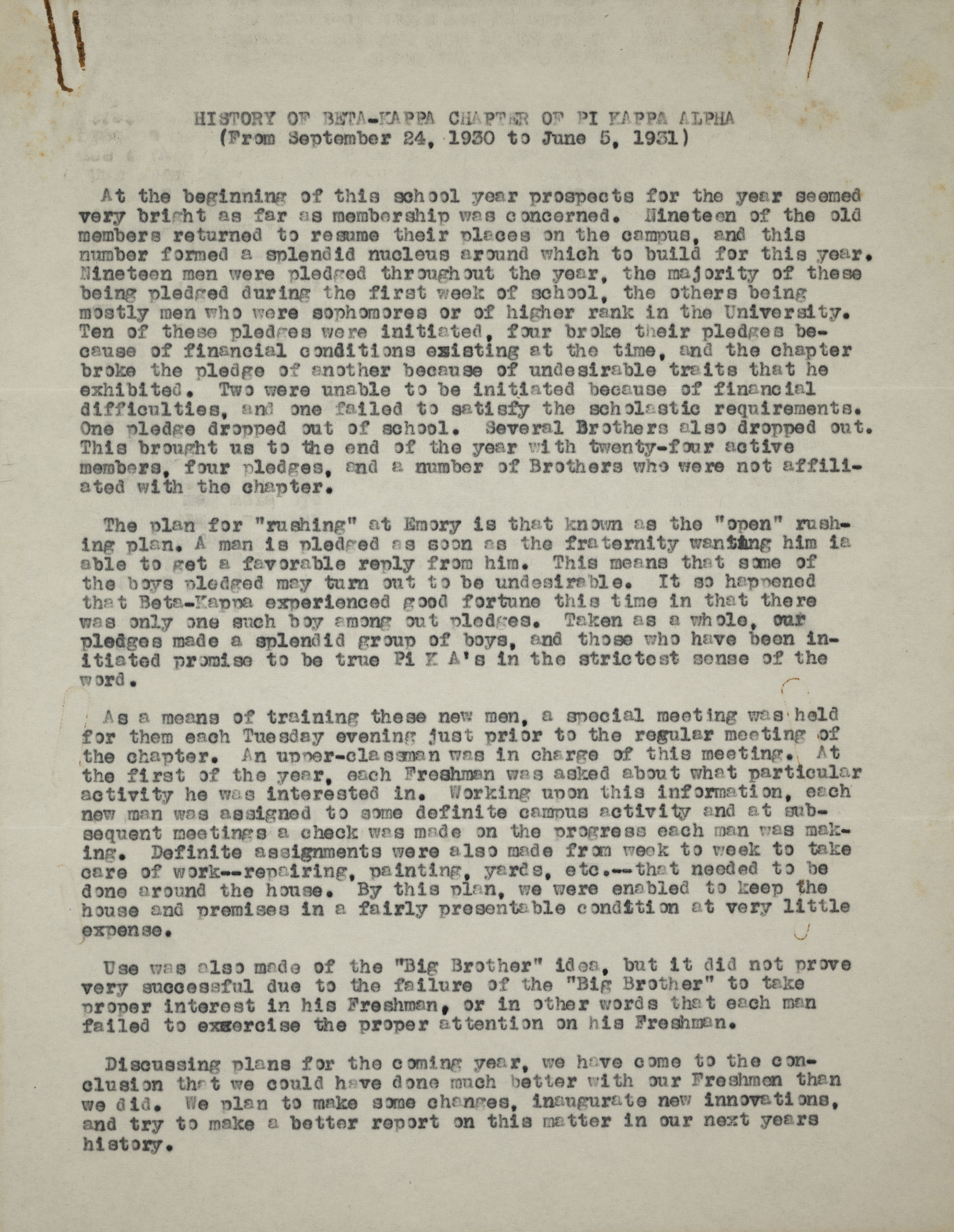 History of Beta Kappa Chapter of Pi Kappa Alpha, September 24, 1930-June 5, 1931
