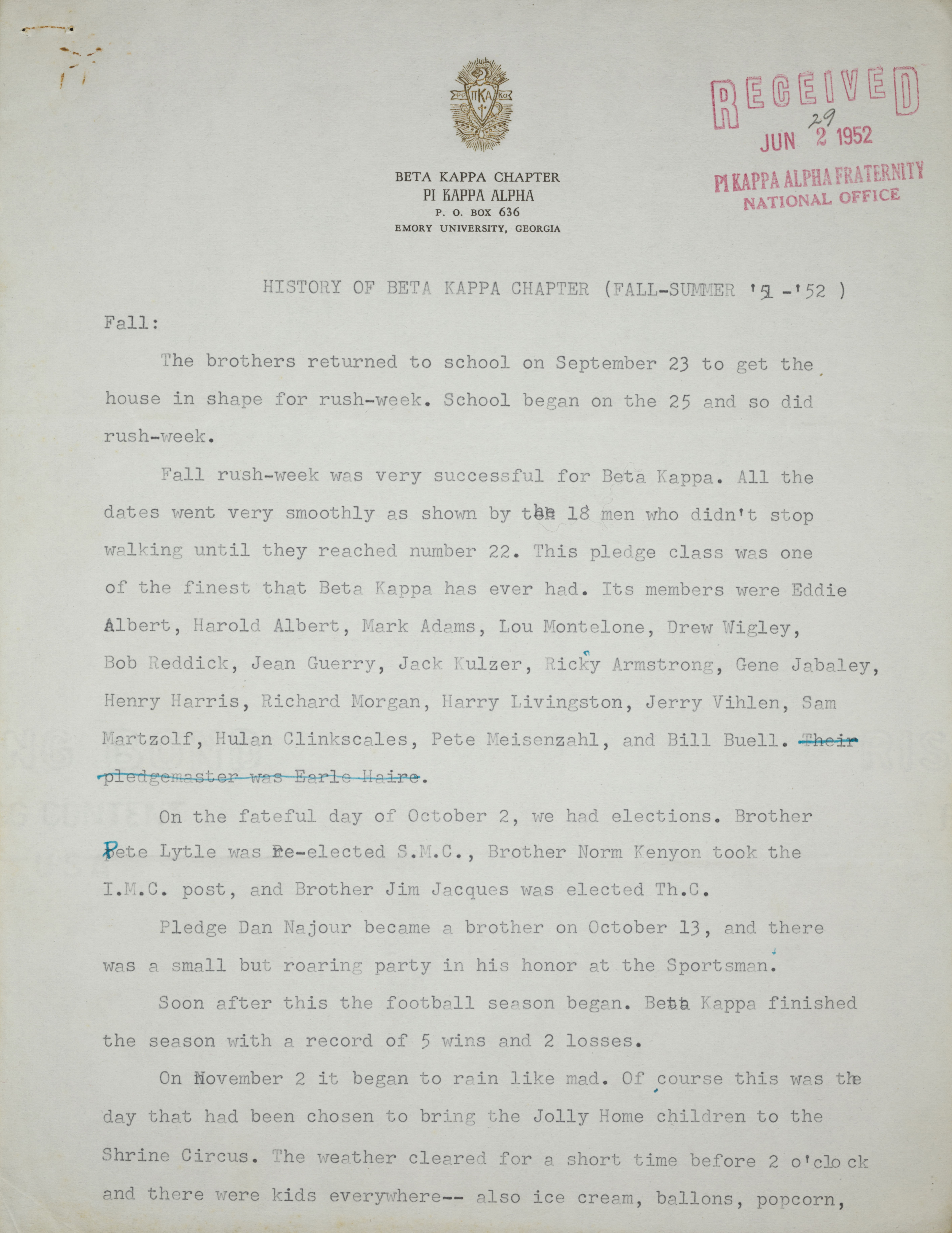 History of Beta Kappa Chapter, Fall 1951-Summer 1952