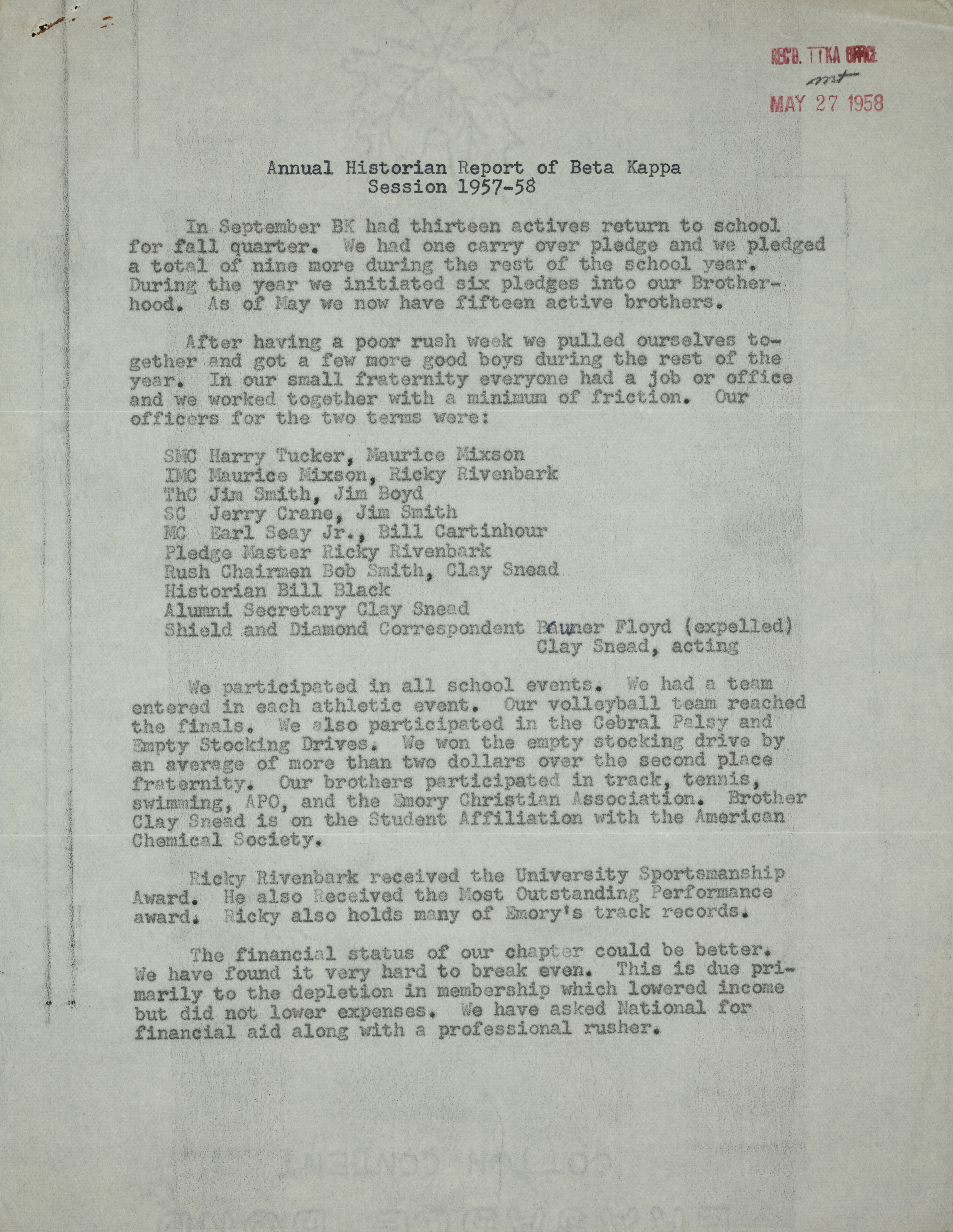 Annual Historian Report of Beta Kappa, 1957-1958