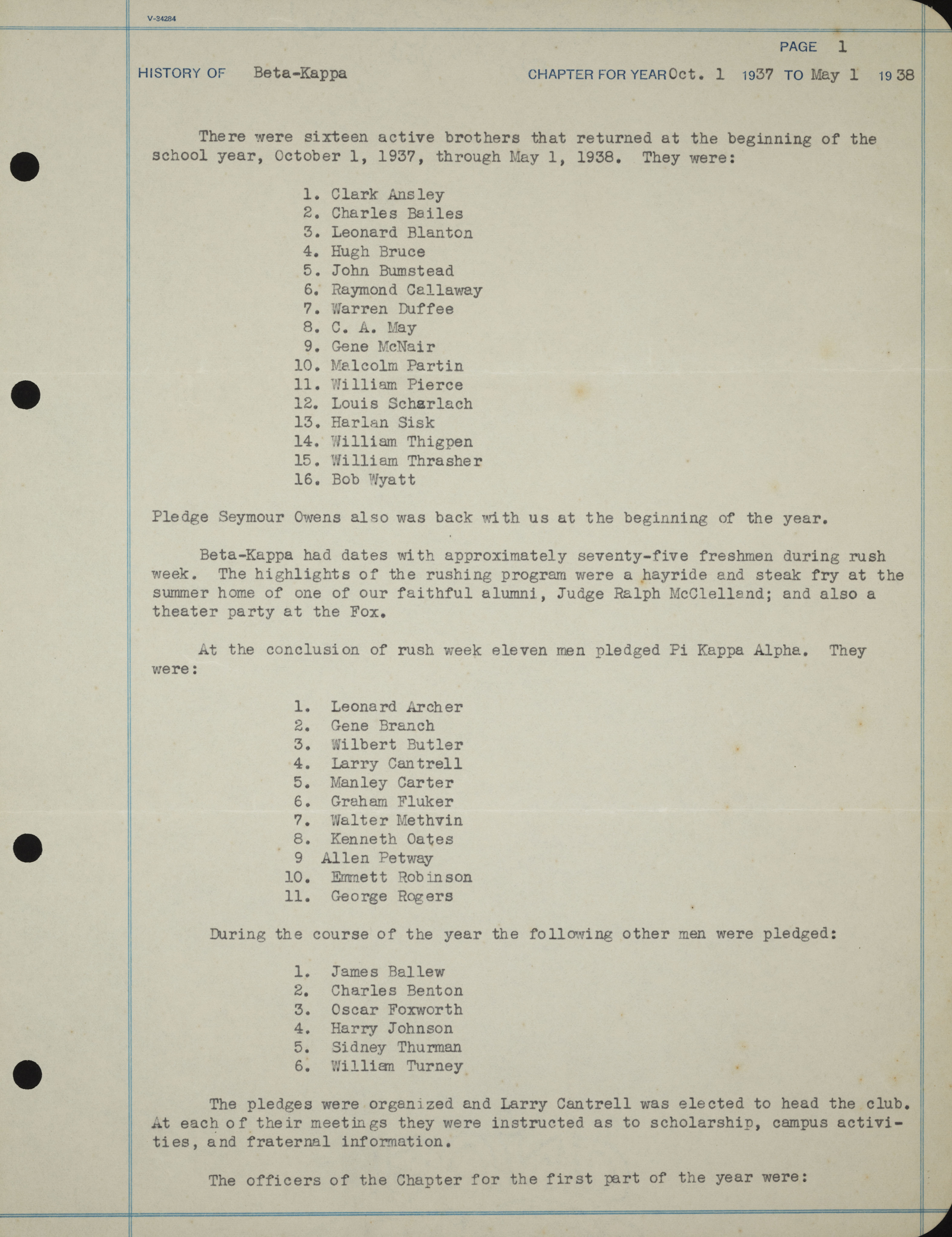 History of Beta Kappa Chapter, October 1, 1937-May 1, 1938