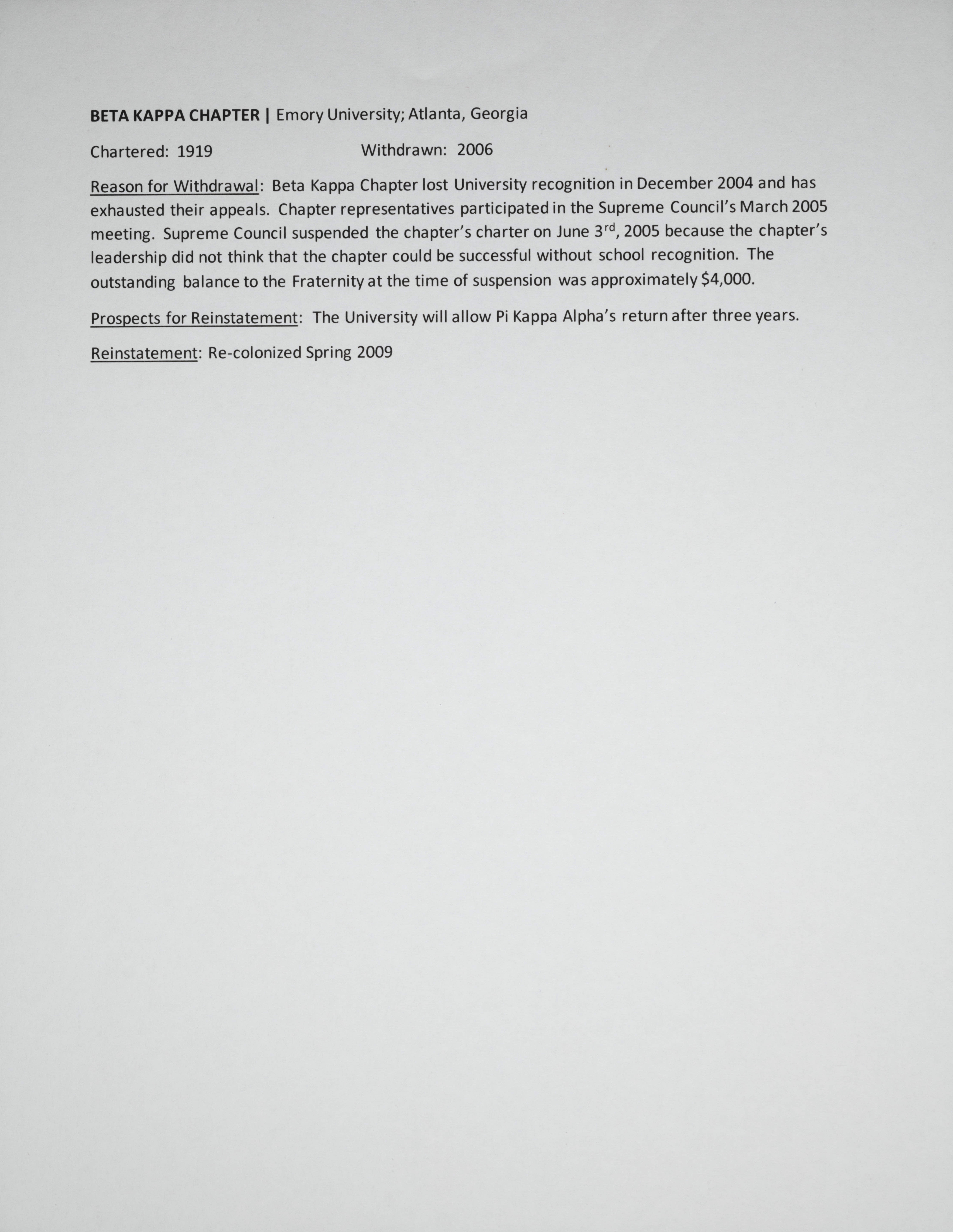 Beta Kappa Chapter Charter History Report