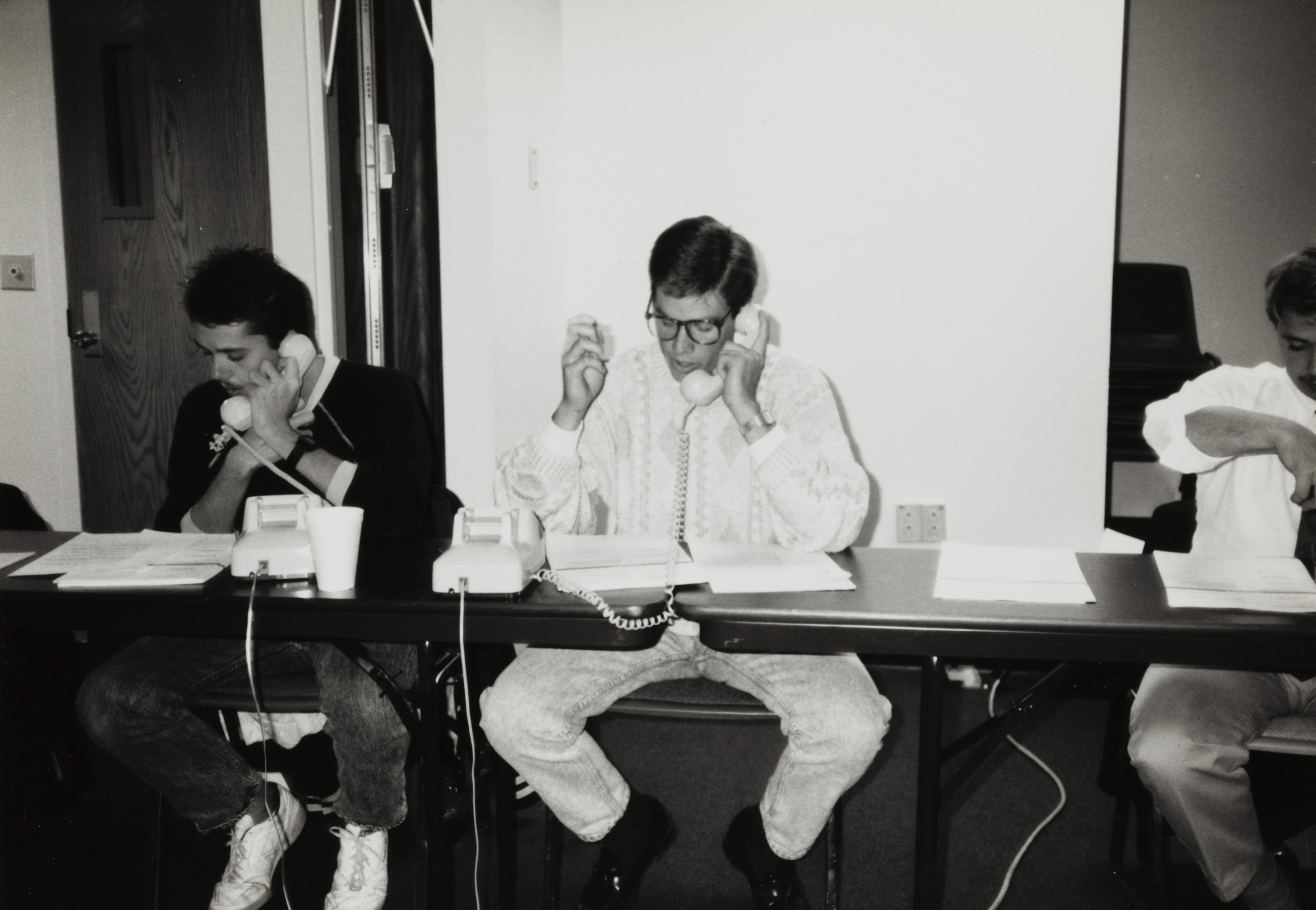 Theta Omicron Chapter Members on Phones at Phone-A-Thon Photograph 1, October 23, 1989