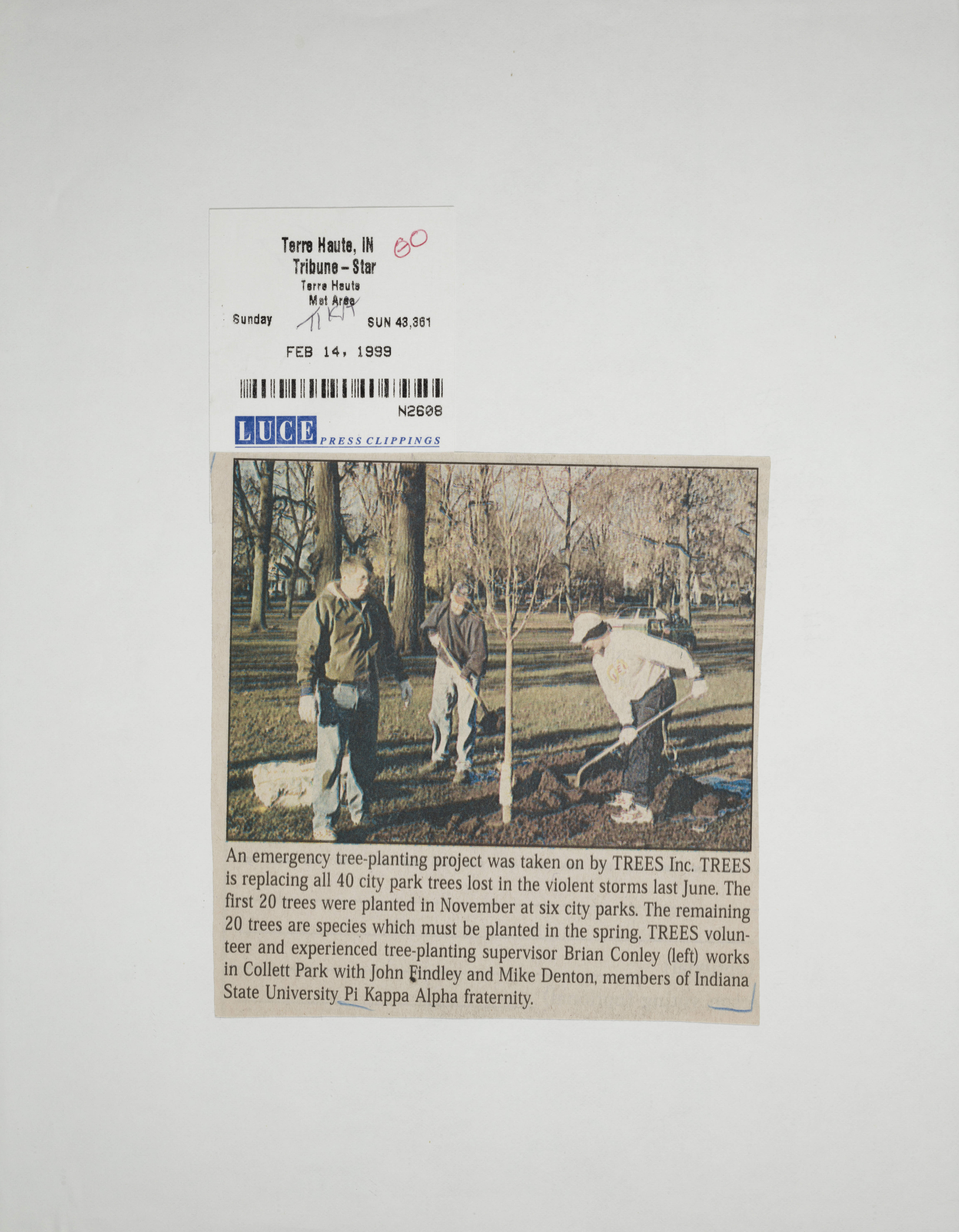 John Findley and Mike Denton Planting Trees Newspaper Clipping, February 14, 1999