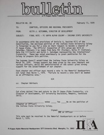 Keith J. Ketchman to Chapters, Officers and Regional Presidents Bulletin, February 13, 1979