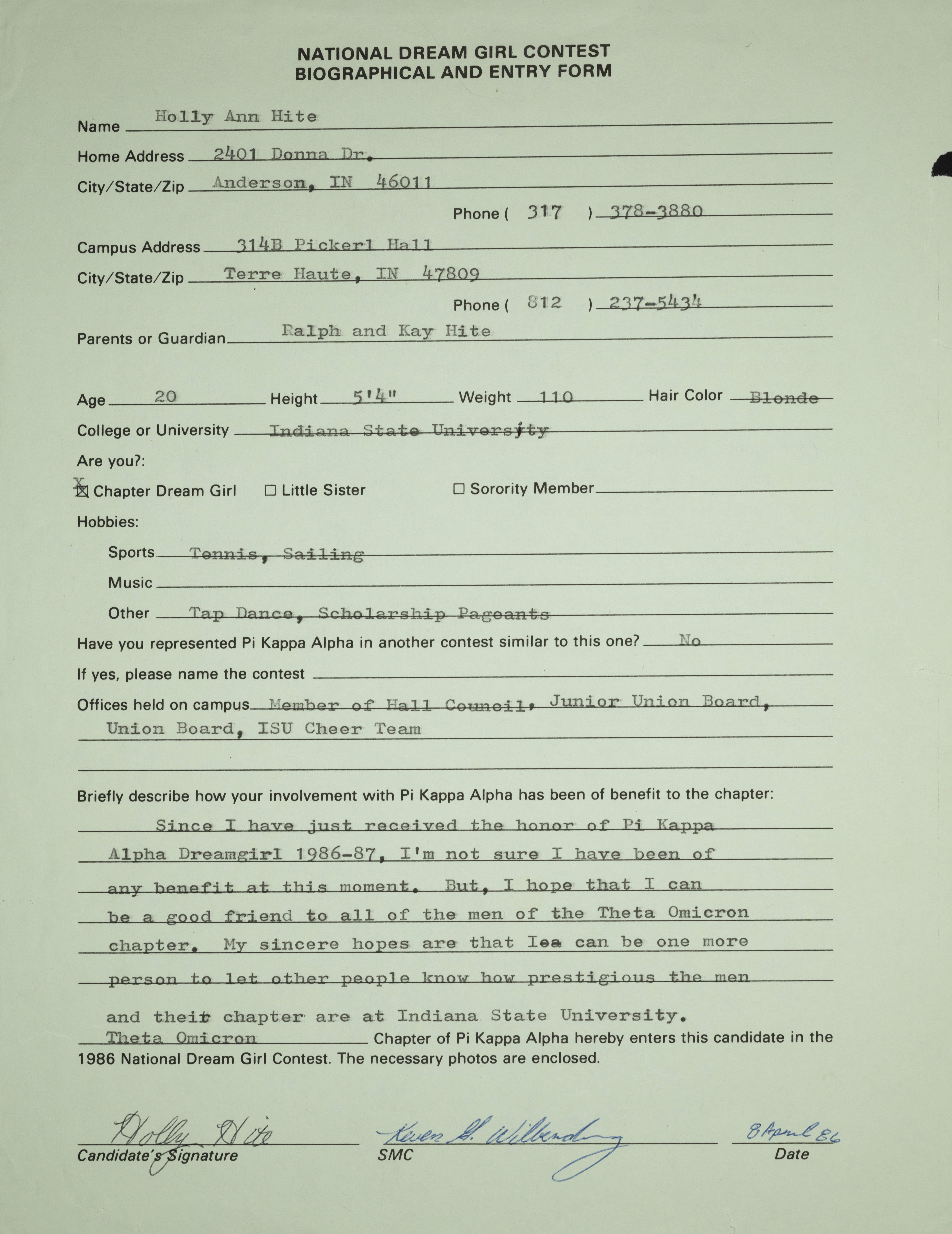 Holly Ann Hite National Dream Girl Contest Entry Form, April 8, 1986