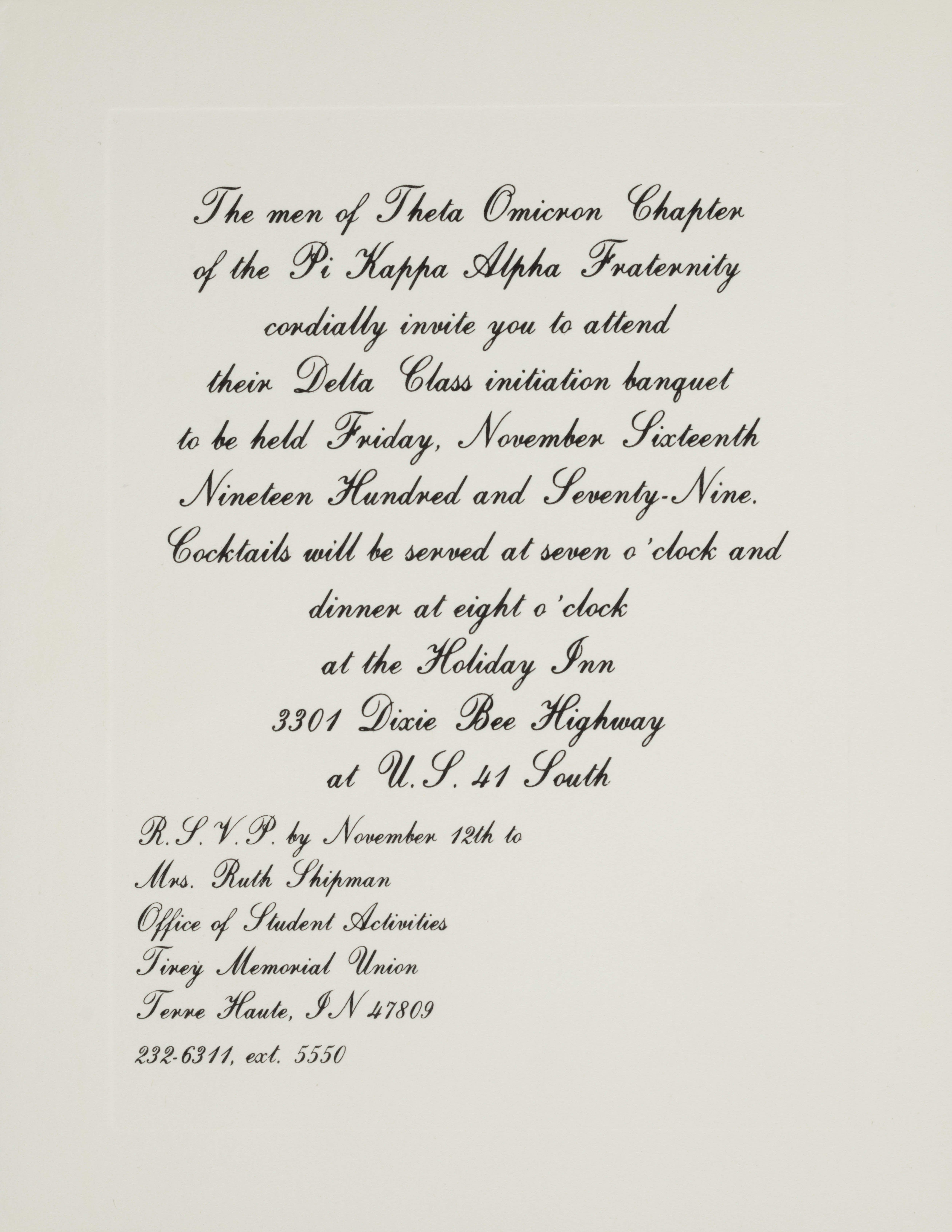 Theta Omicron Chapter Delta Class Initiation Banquet Invitation, November 16, 1979