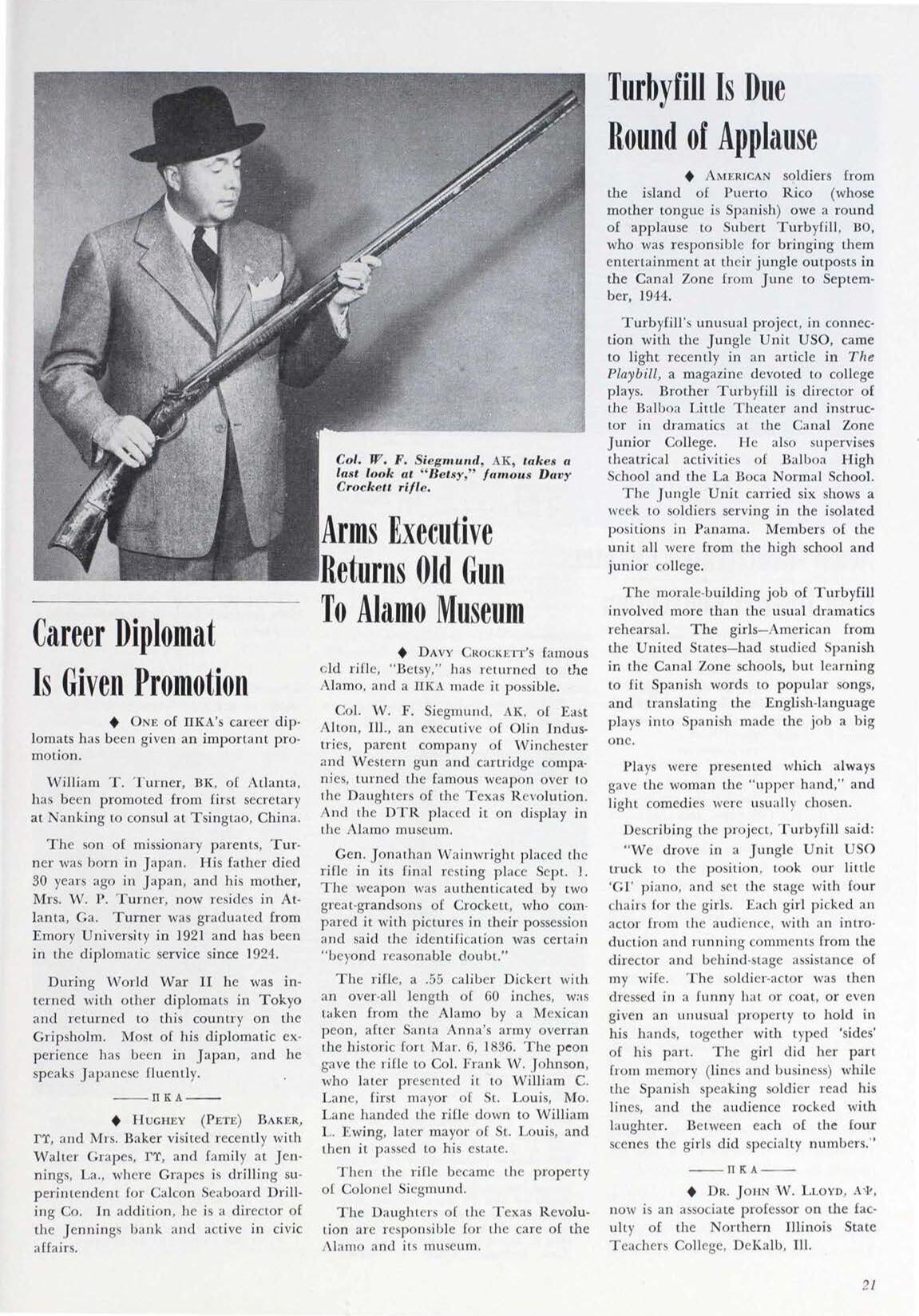 Davy Crockett's Rifle "Betsy" Returned to the Alamo, Shield &amp; Diamond June 1948