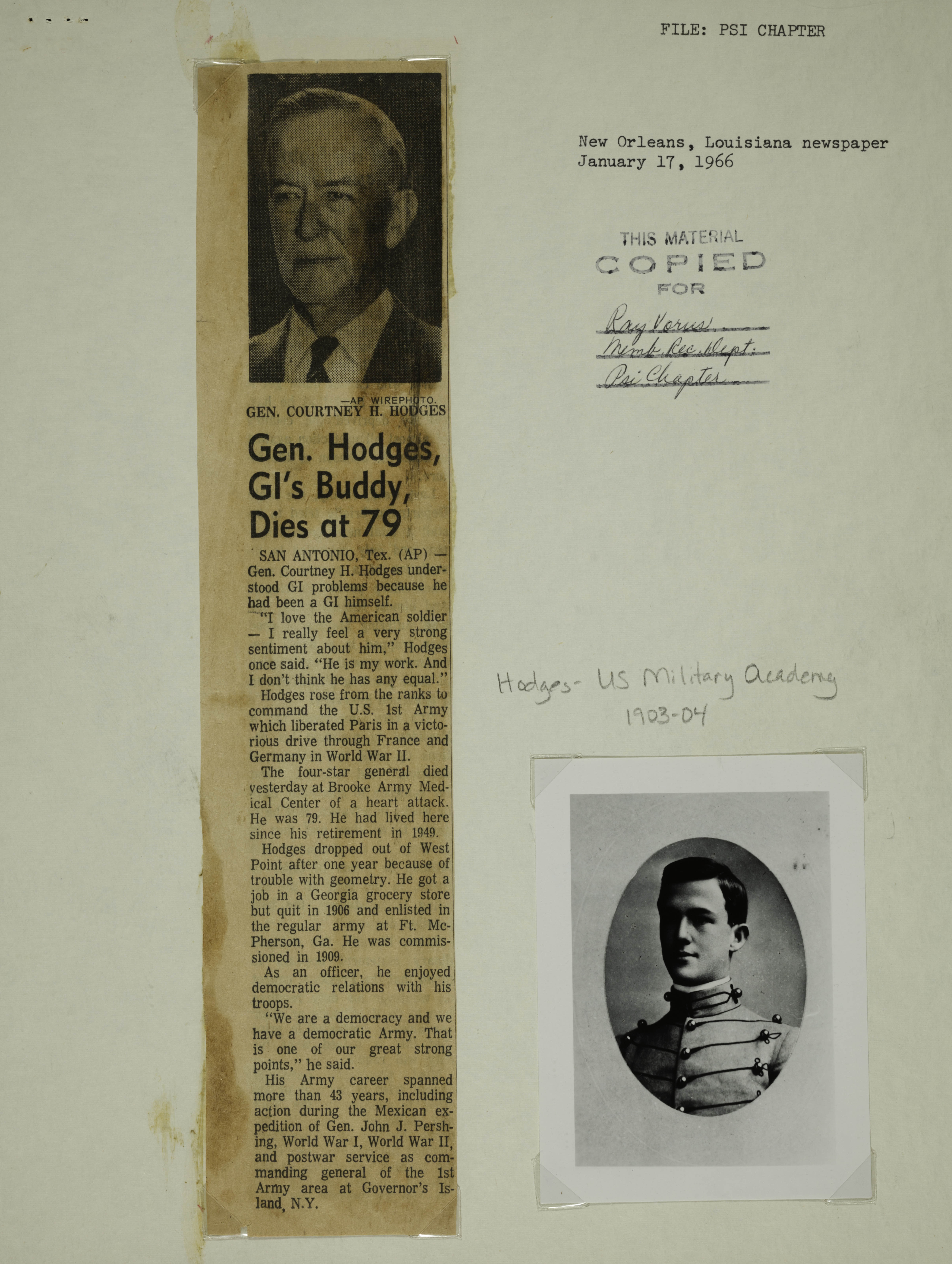 Gen. Hodges, GI's Buddy, Dies at 79 Newspaper Clipping, January 16, 1966