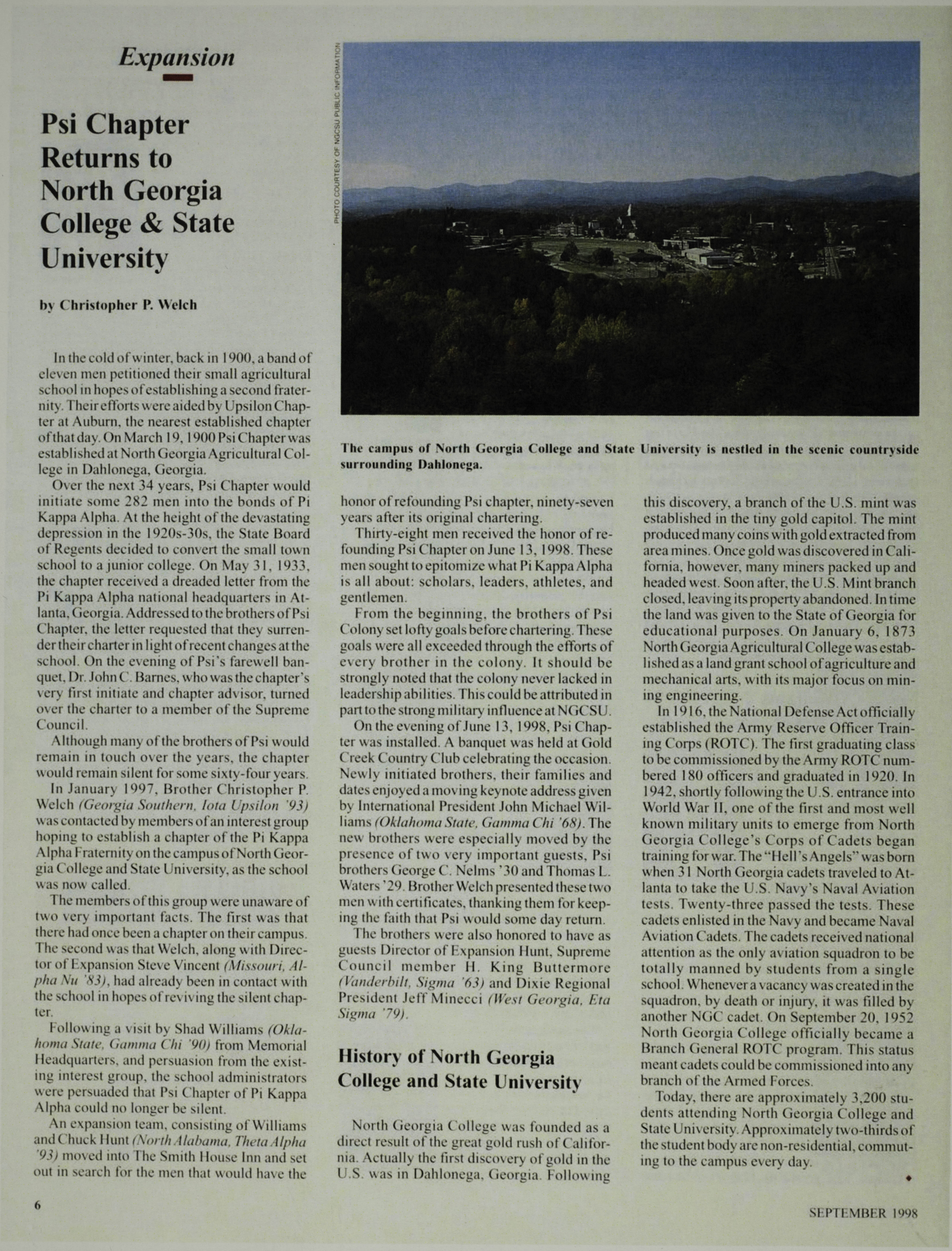 Expansion: Psi Chapter Returns to North Georgia College & State University Magazine Clipping, September 1998