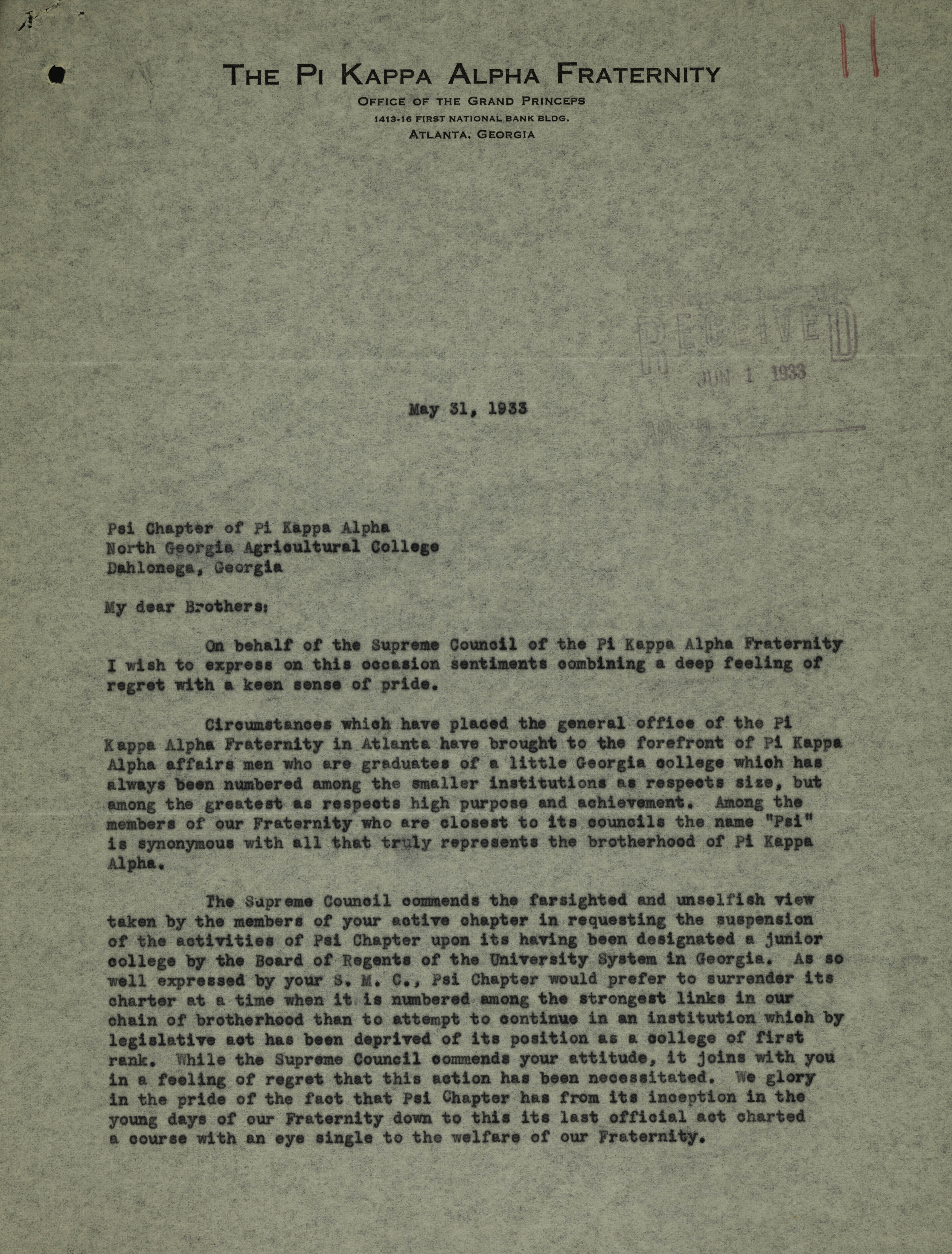 Grand Princeps to Psi Chapter Letter, May 31, 1933