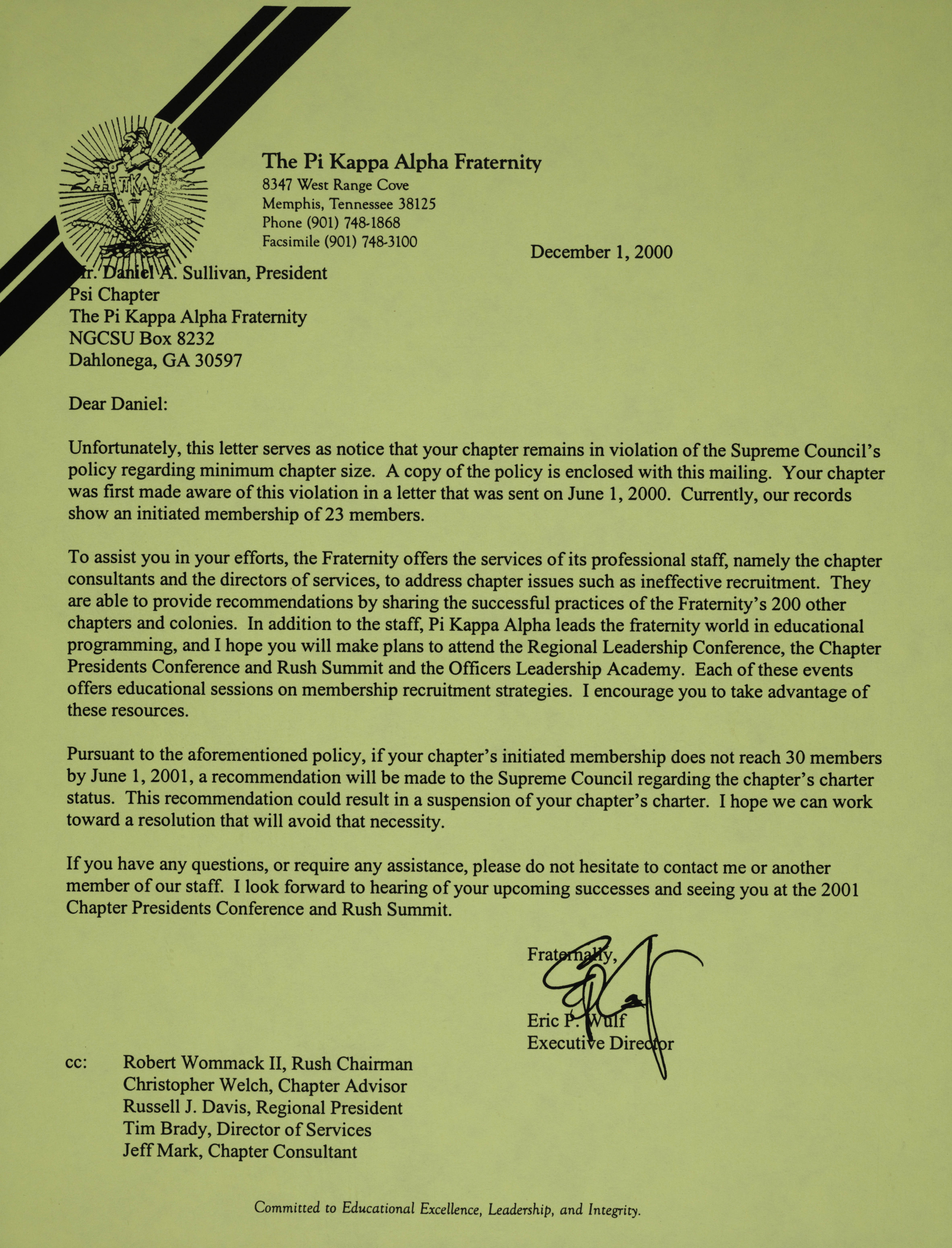 Eric Wulf to Daniel Sullivan Letter, December 1, 2000