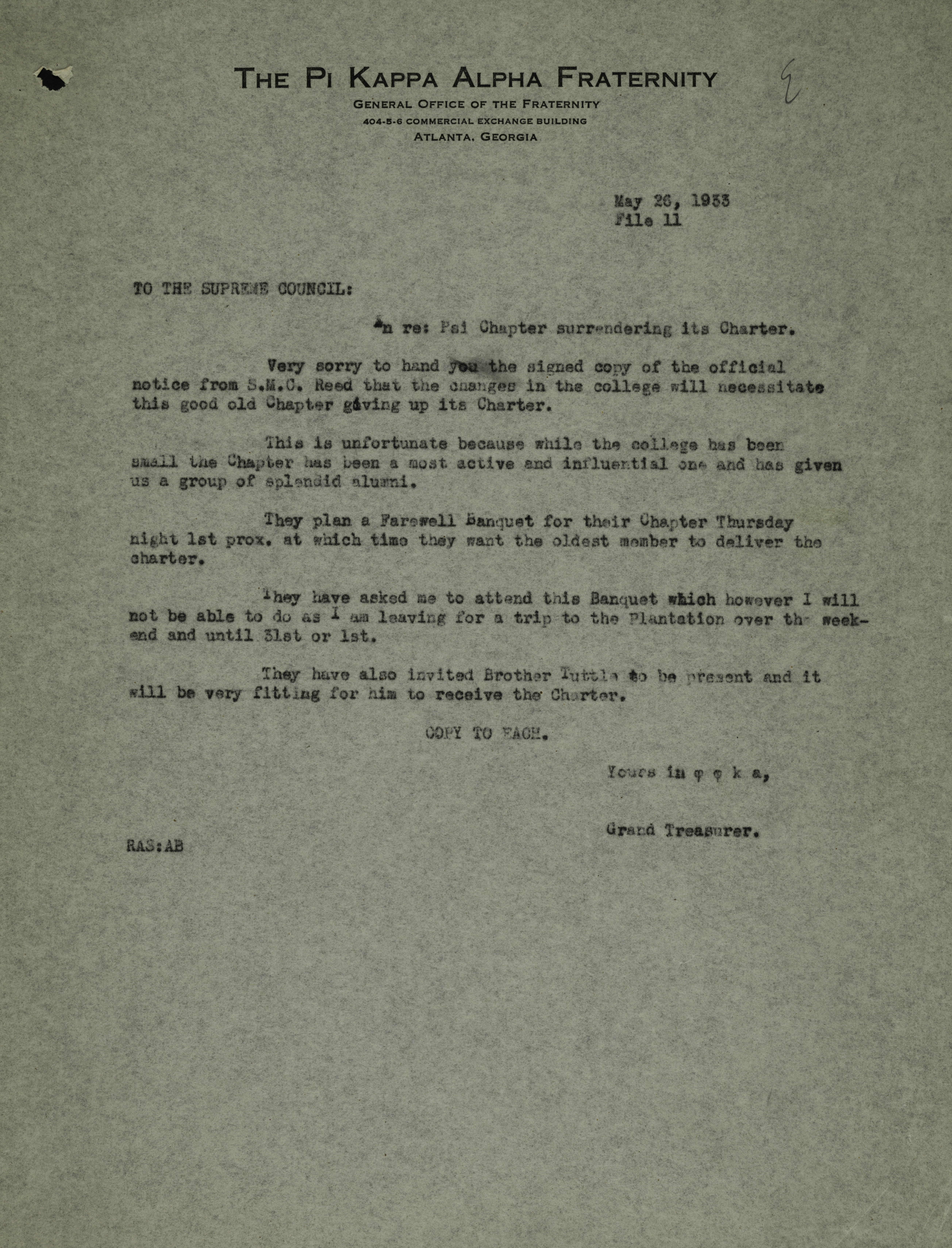 Grand Treasurer to Pi Kappa Alpha Supreme Council Letter, May 26, 1933