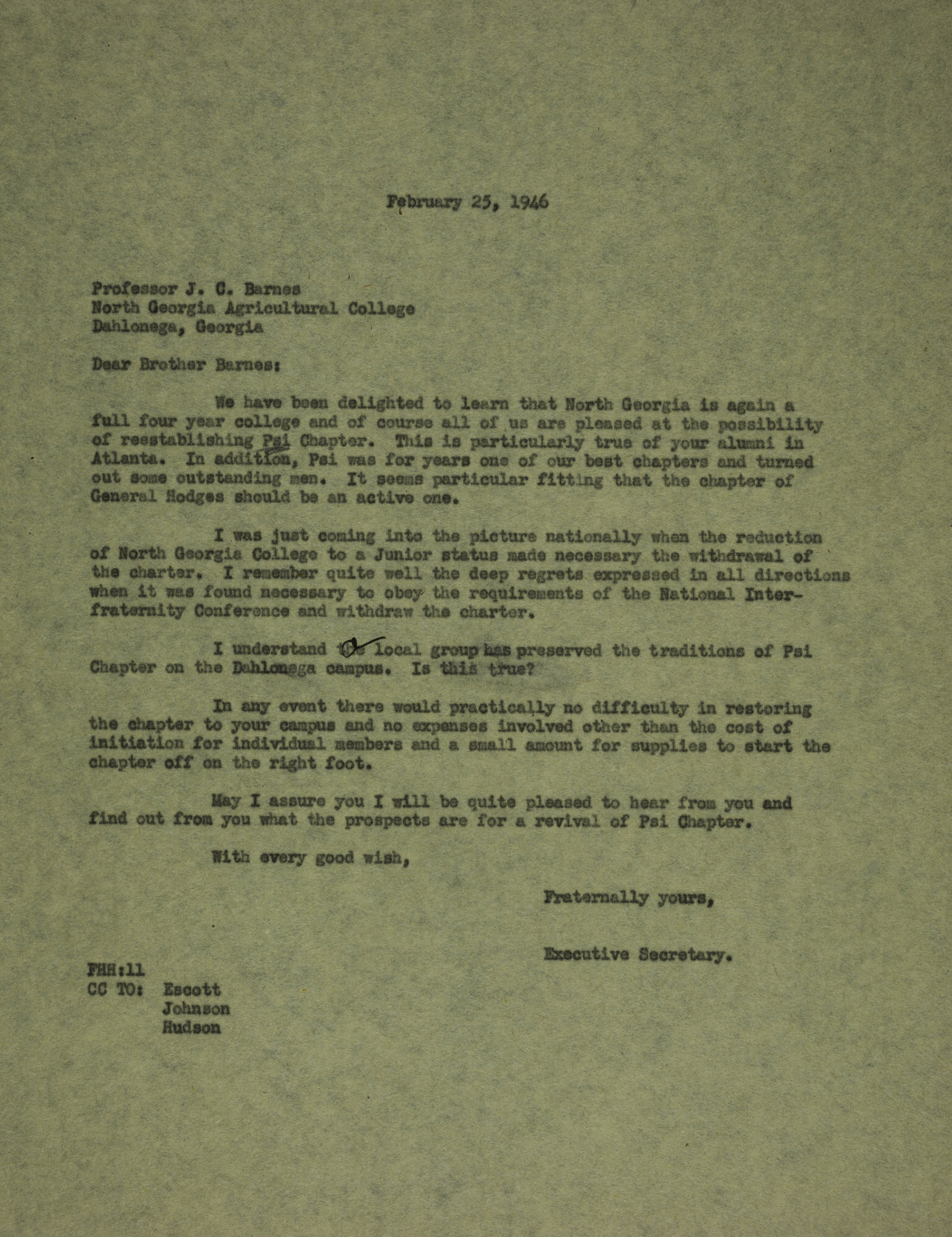 Executive Secretary of Pi Kappa Alpha Fraternity to John Barnes Letter, February 25, 1946