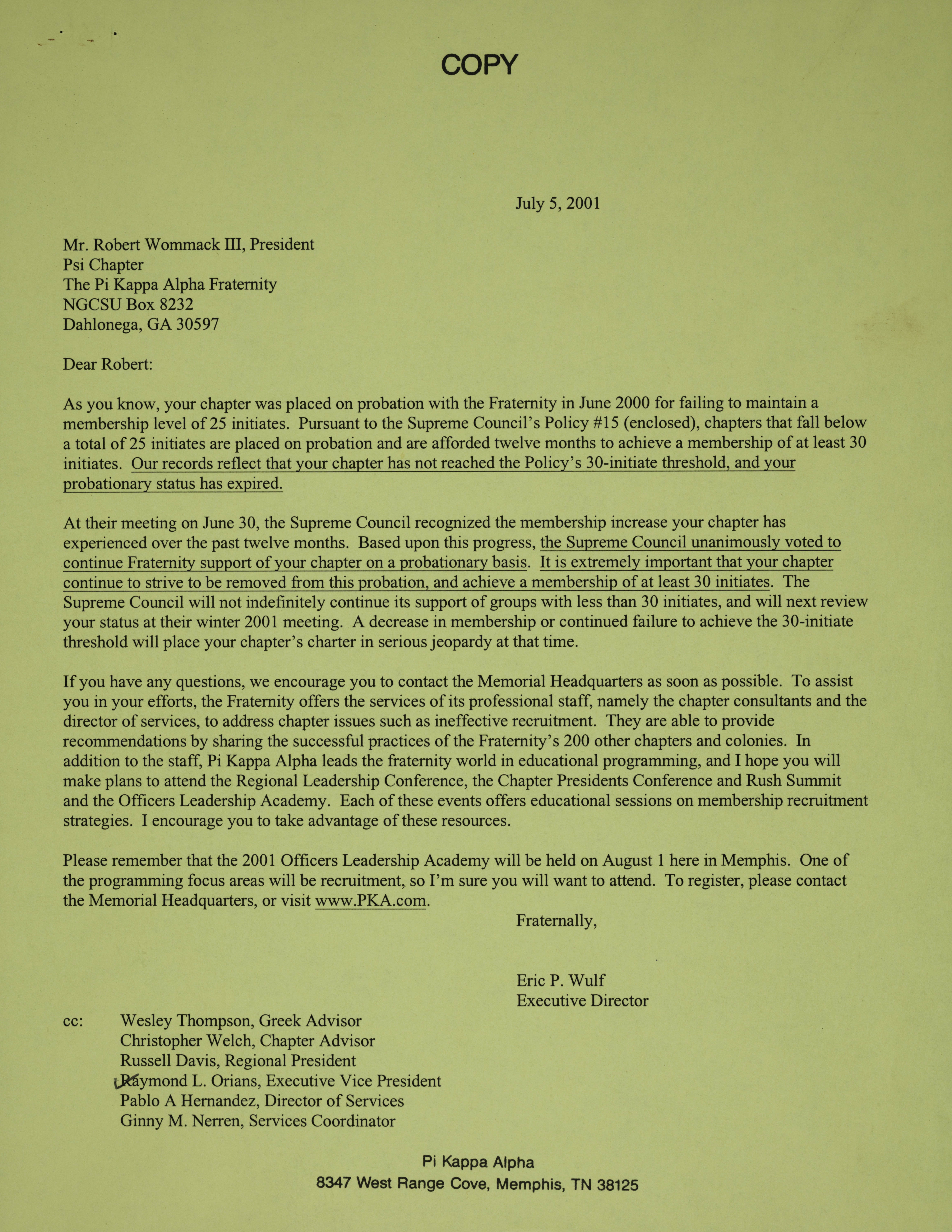 Eric Wulf to Robert Wommack Letter, July 5, 2001