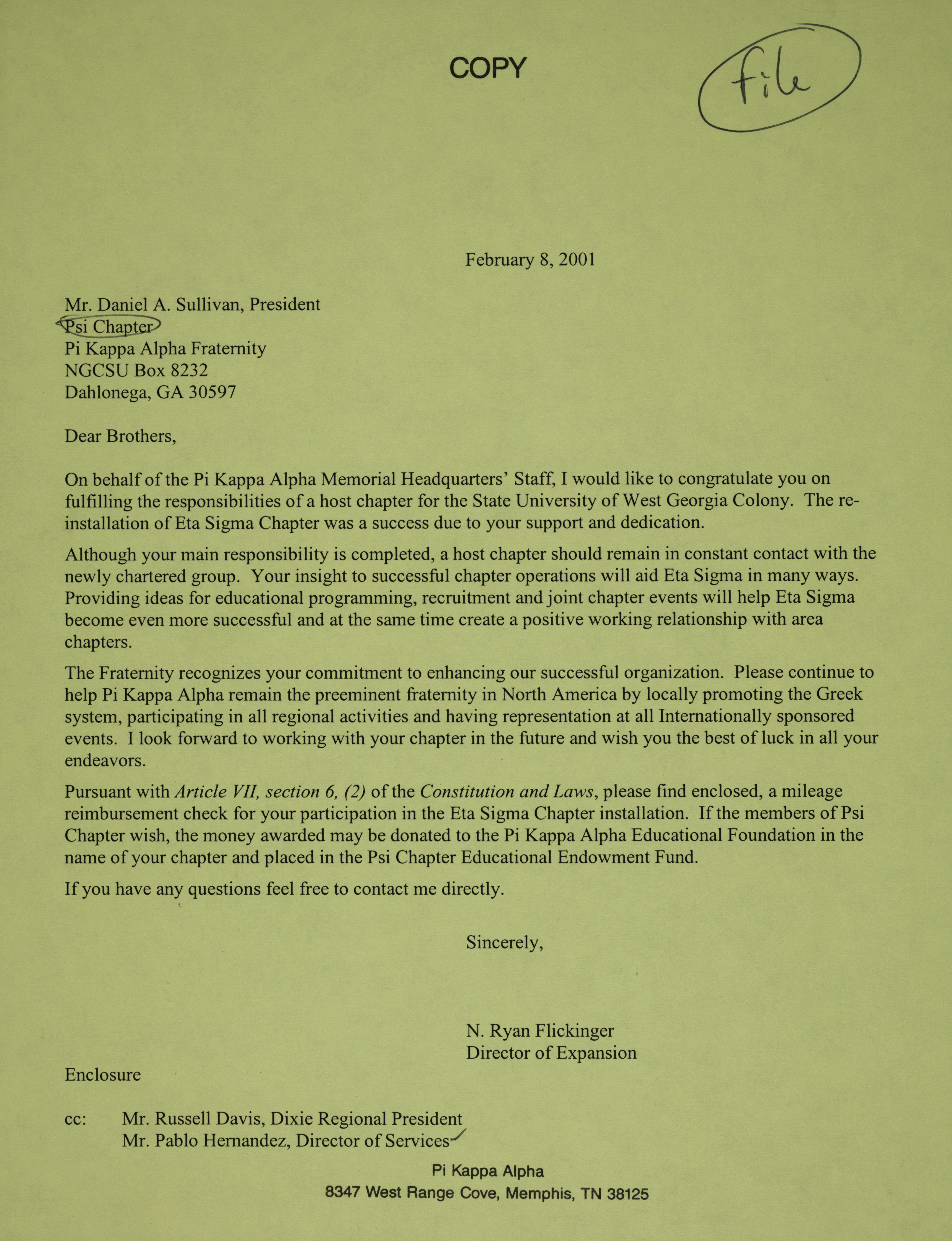 N. Ryan Flickinger to Daniel Sullivan Letter, February 8, 2001
