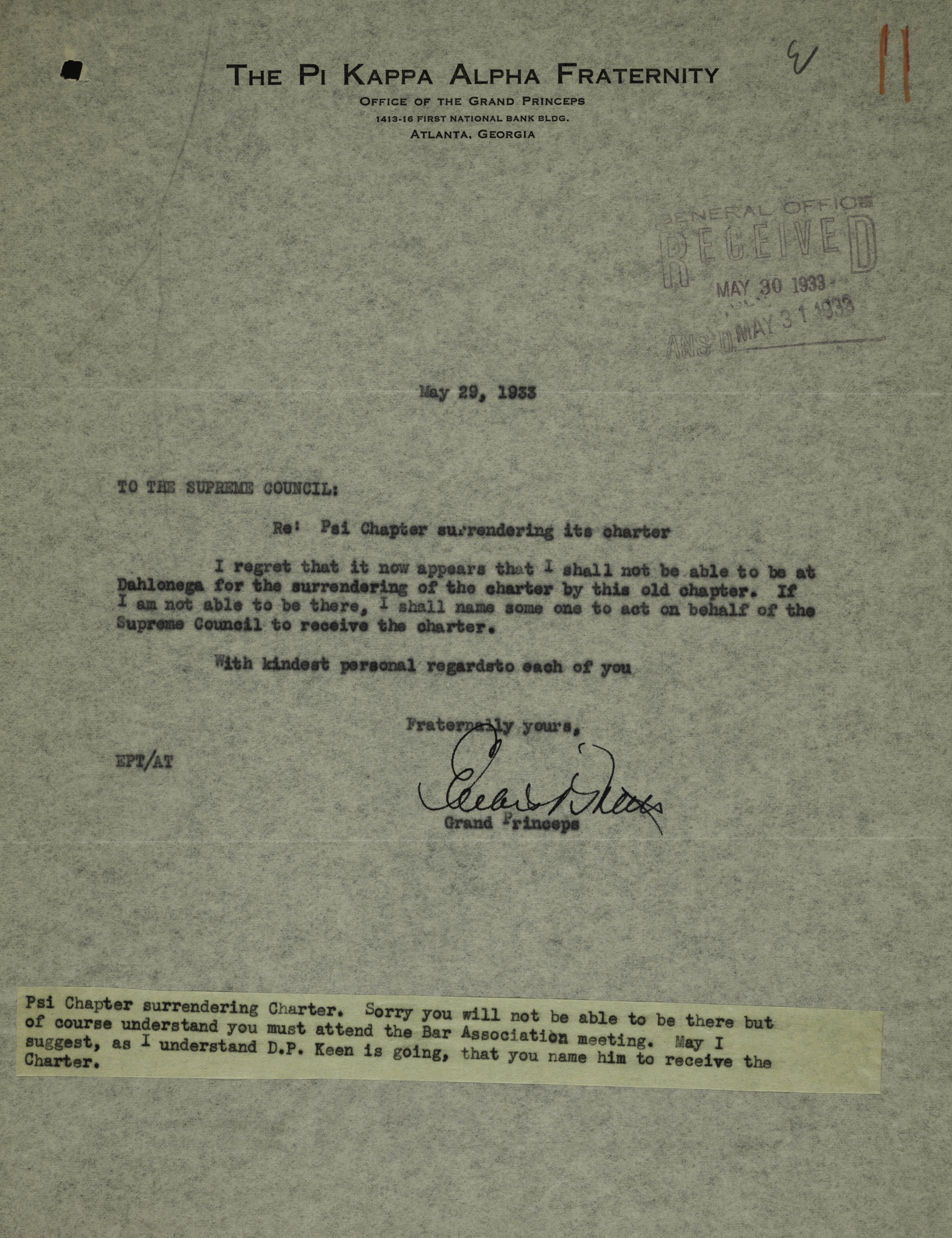 Grand Princeps to the Pi Kappa Alpha Supreme Council Letter, May 29, 1933