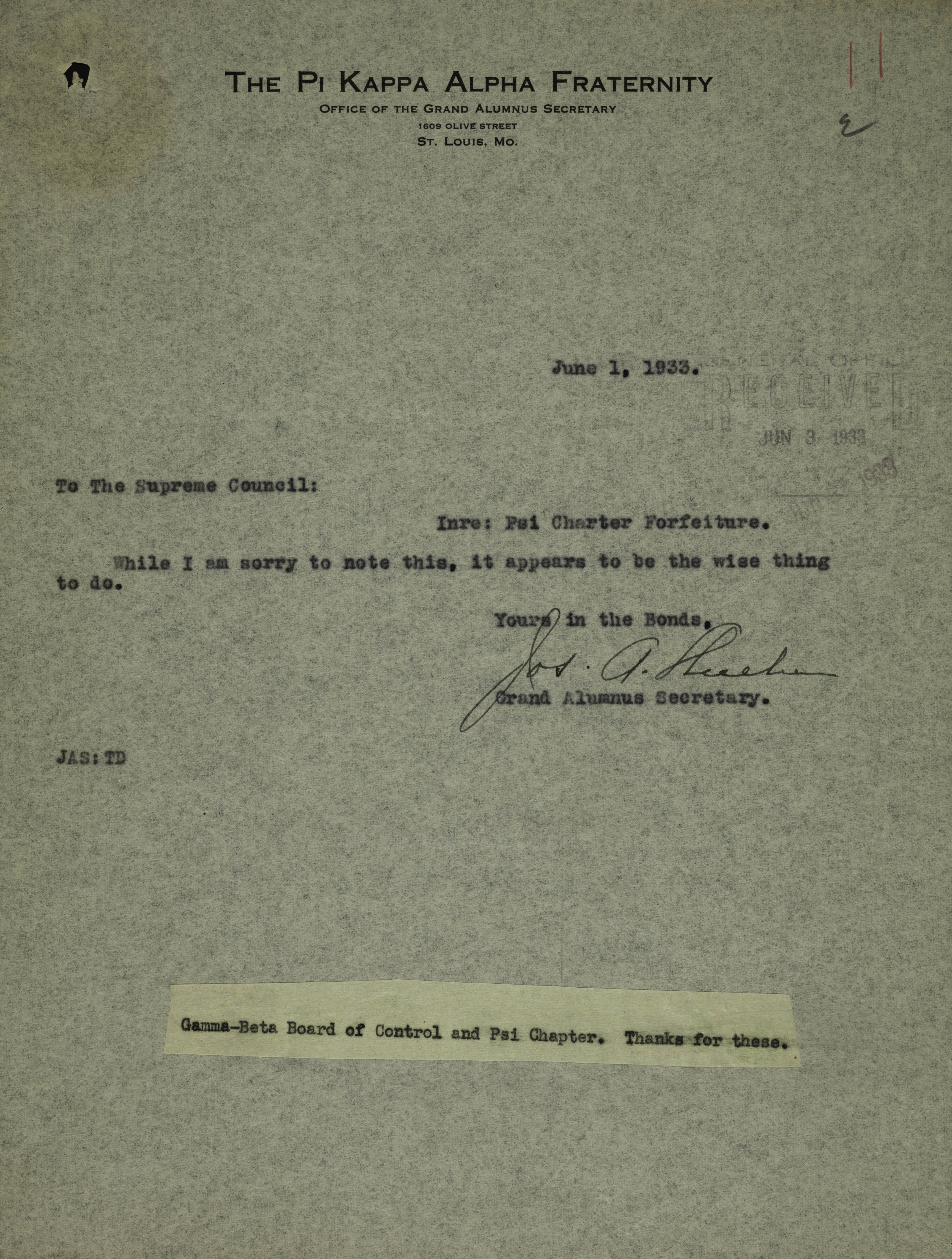 Grand Alumnus Secretary to Pi Kappa Alpha Supreme Council Letter, June 1, 1933