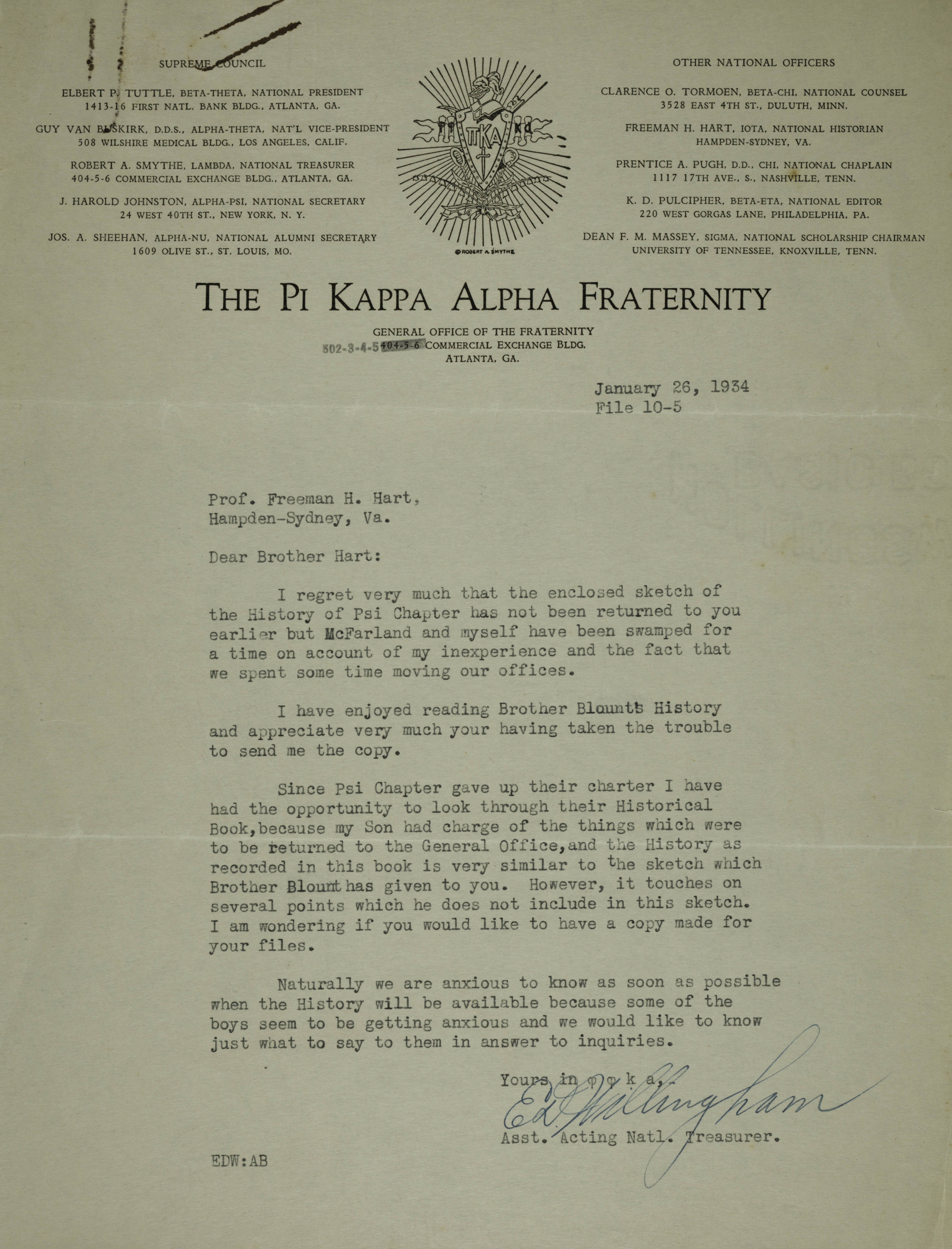 Edward Willingham to Freeman Hart Letter, January 26, 1934
