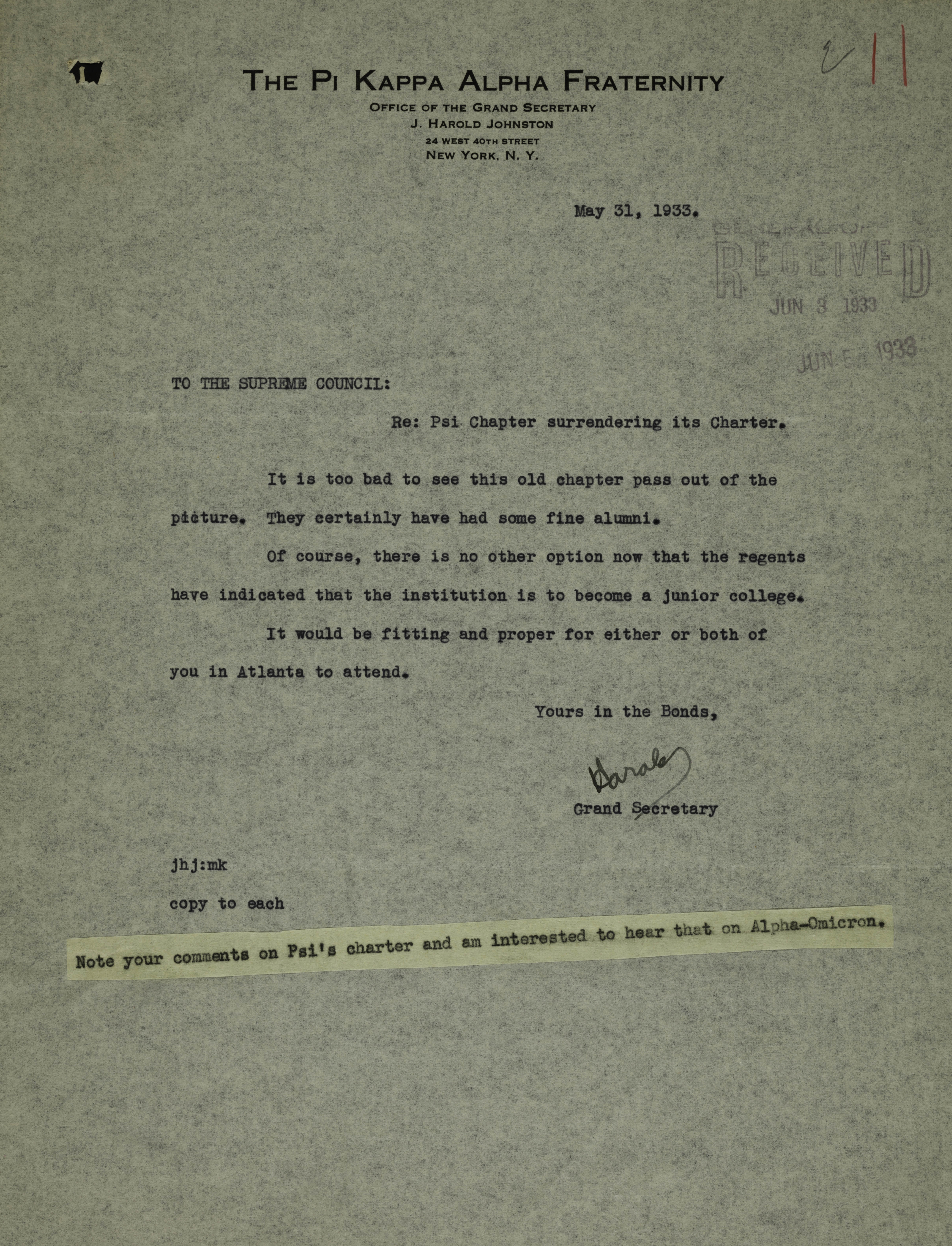 Grand Secretary to the Pi Kappa Alpha Supreme Council Letter, May 31, 1933