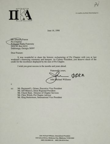 John Williams to Frazure Farrar Letter, June 16, 1998