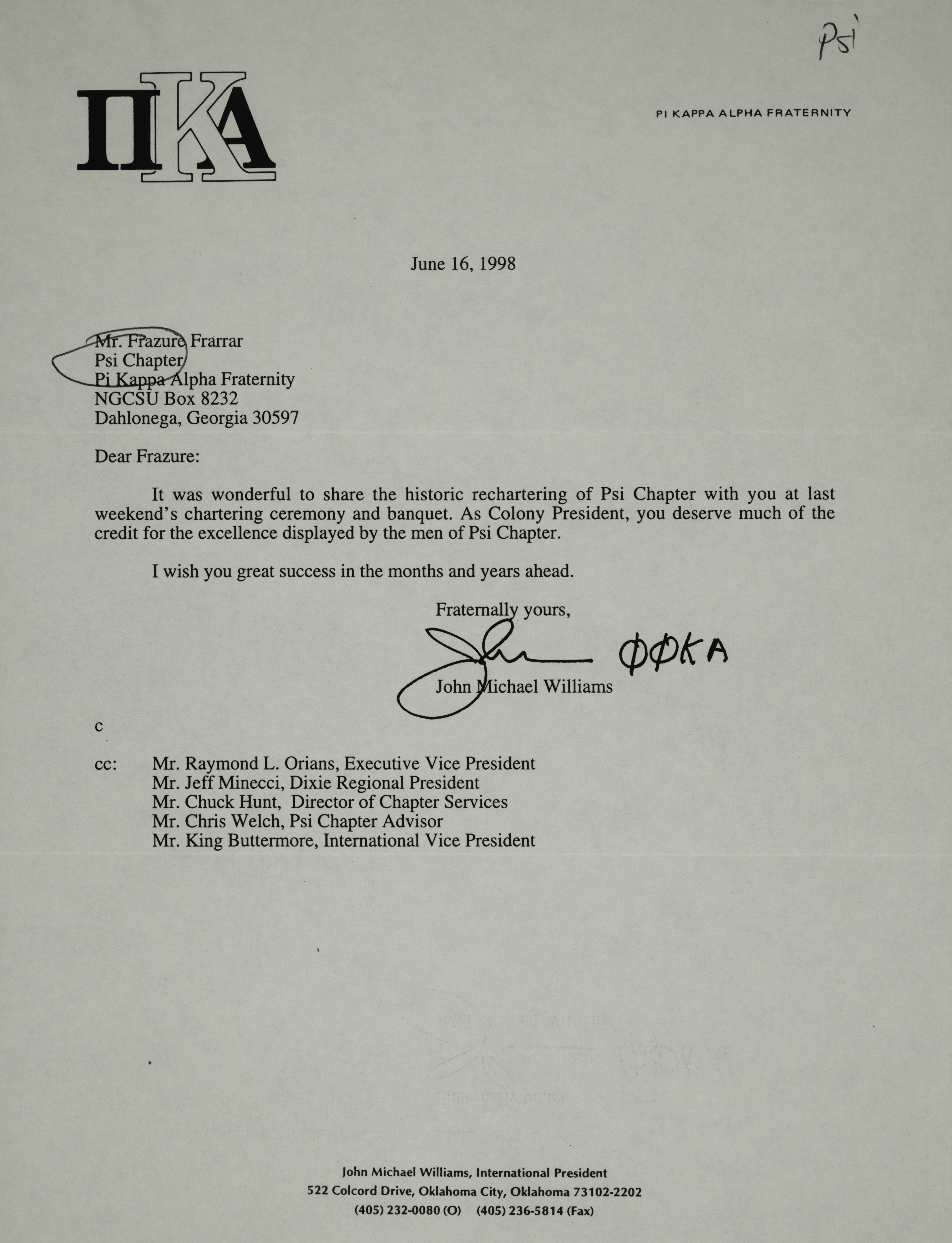 John Williams to Frazure Farrar Letter, June 16, 1998