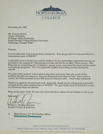 Wesley Thomas to Frazure Farrar Letter, November 25, 1997