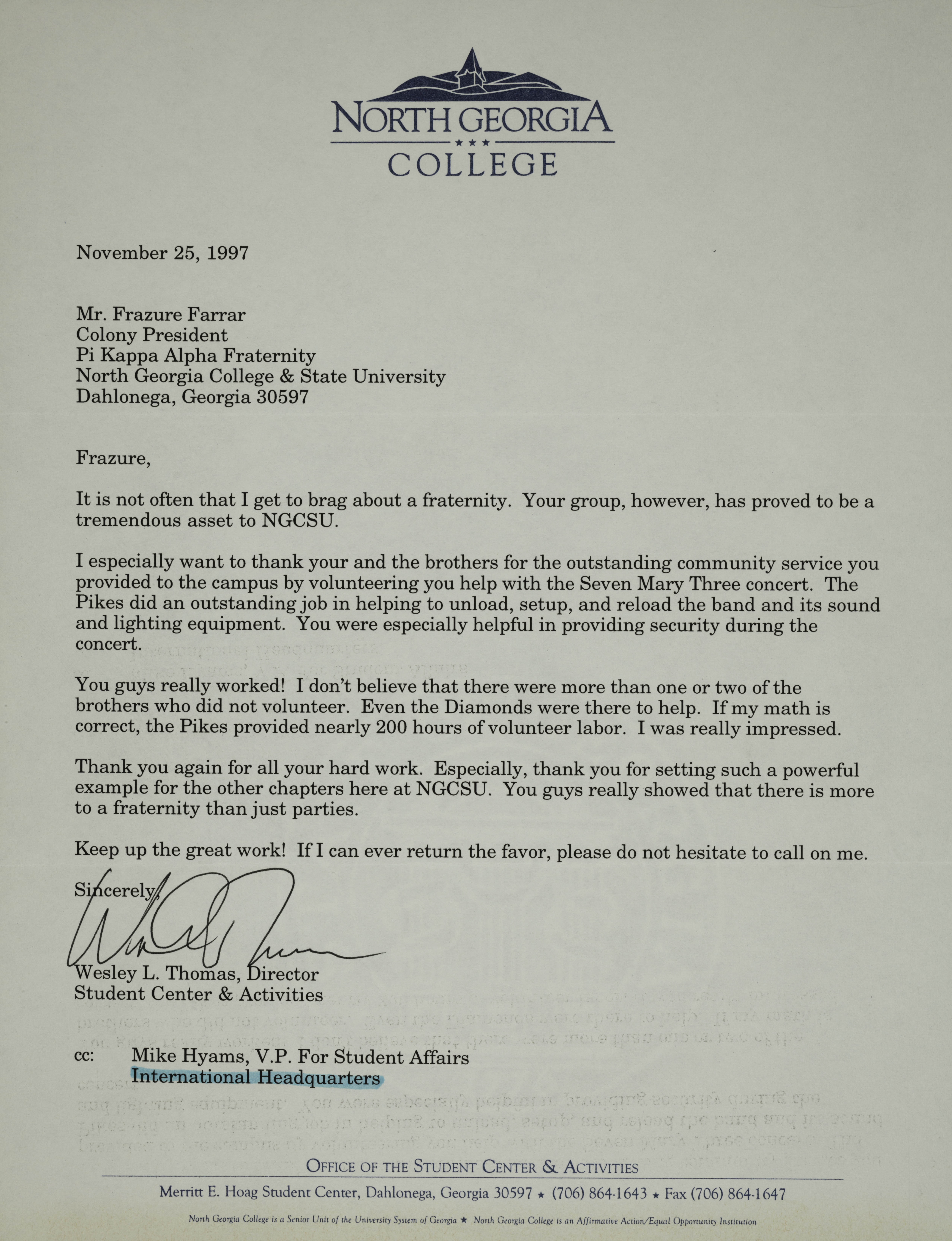 Wesley Thomas to Frazure Farrar Letter, November 25, 1997