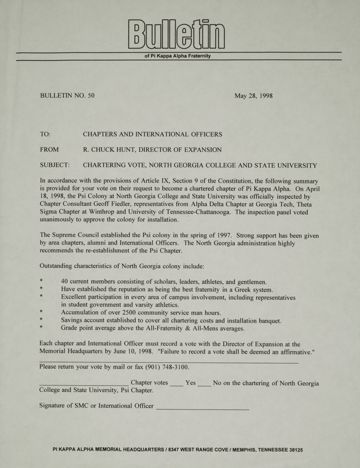 Chuck Hunt to Chapters and International Officers Bulletin, May 28, 1998