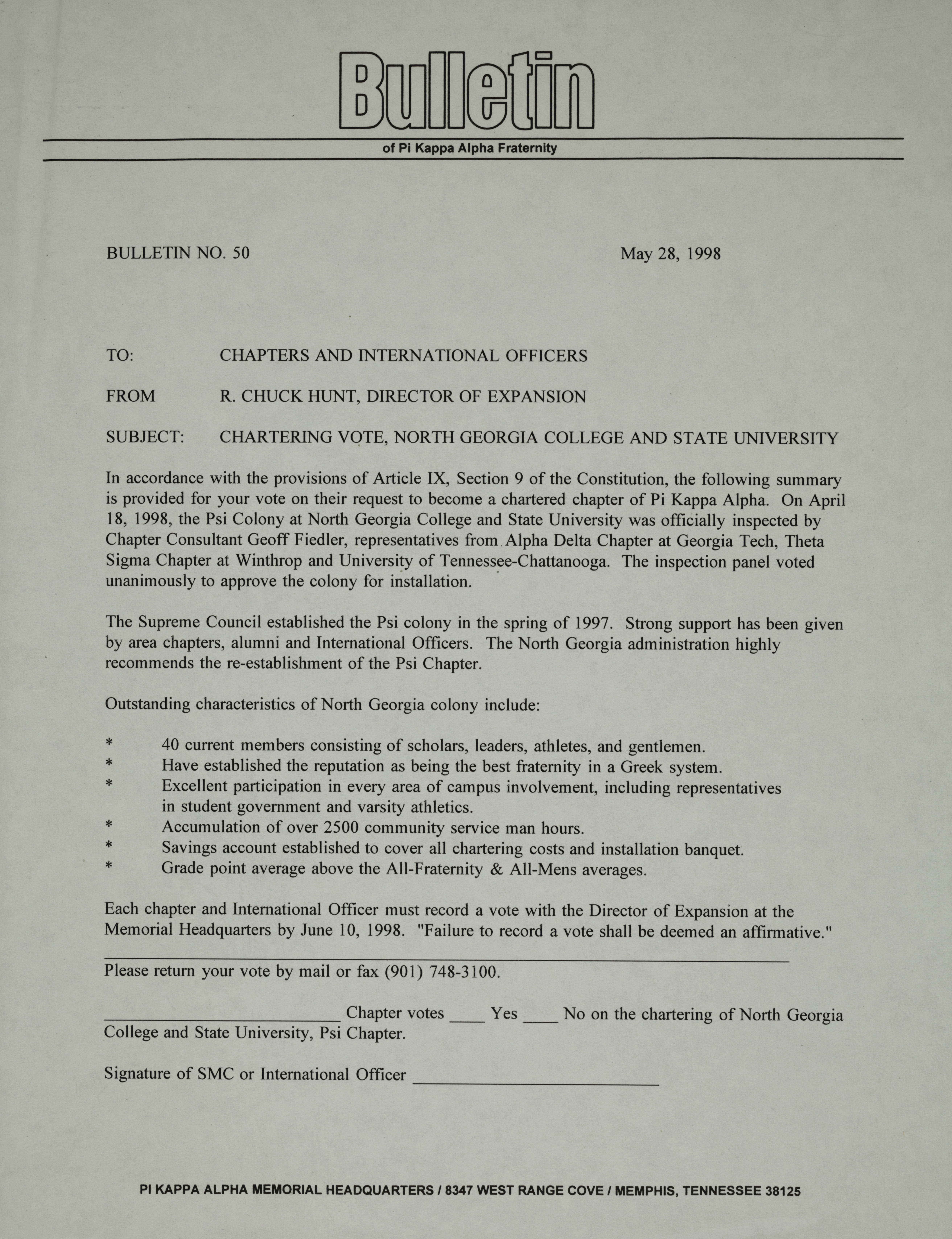 Chuck Hunt to Chapters and International Officers Bulletin, May 28, 1998