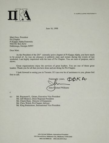 John Williams to Matt Grey Letter, June 16, 1998