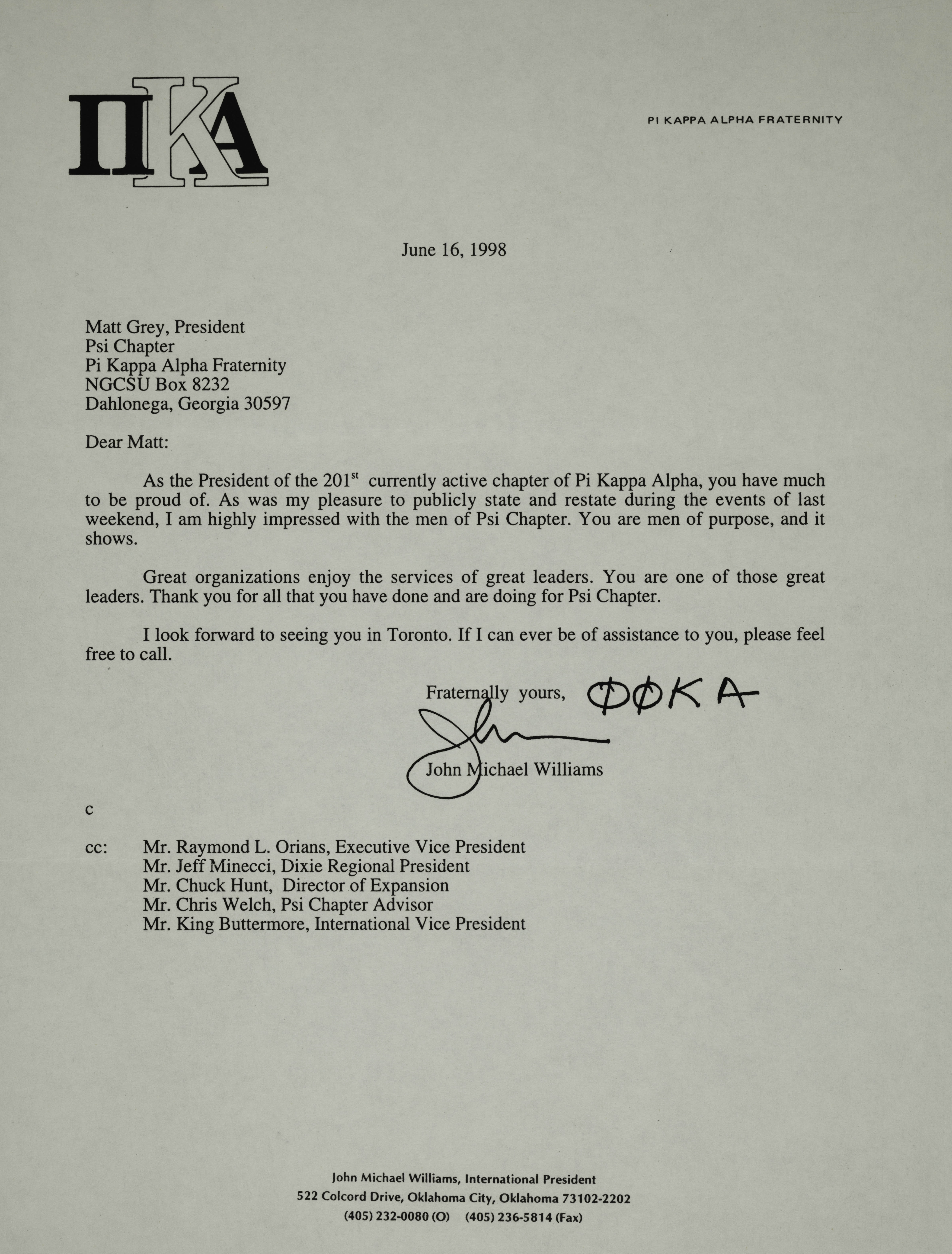 John Williams to Matt Grey Letter, June 16, 1998