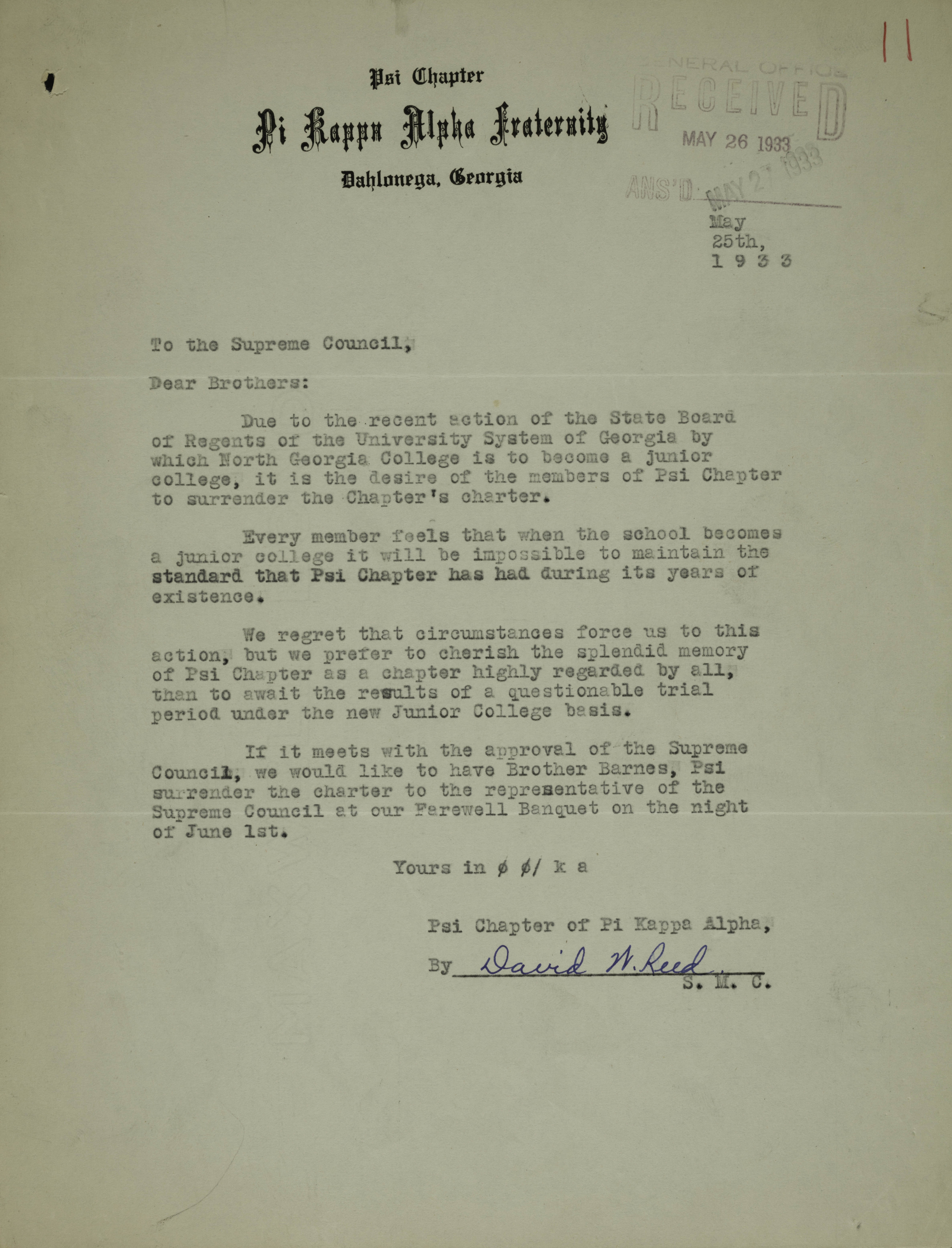 David Reed to Pi Kappa Alpha Supreme Council Letter, May 25, 1933