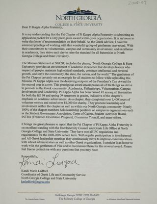 Kandi Ledford to Pi Kappa Alpha Fraternity Letter, c. 2009