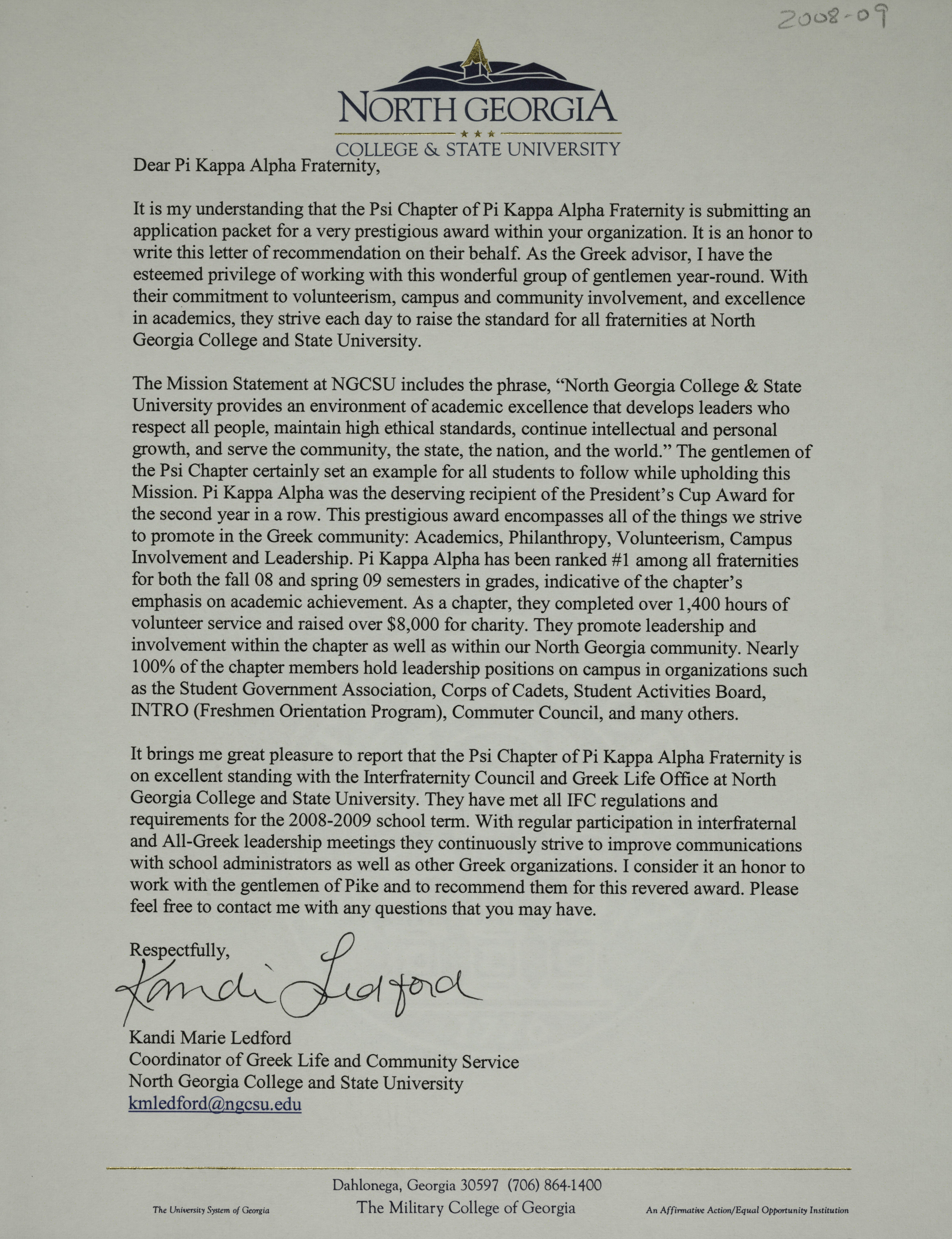 Kandi Ledford to Pi Kappa Alpha Fraternity Letter, c. 2009