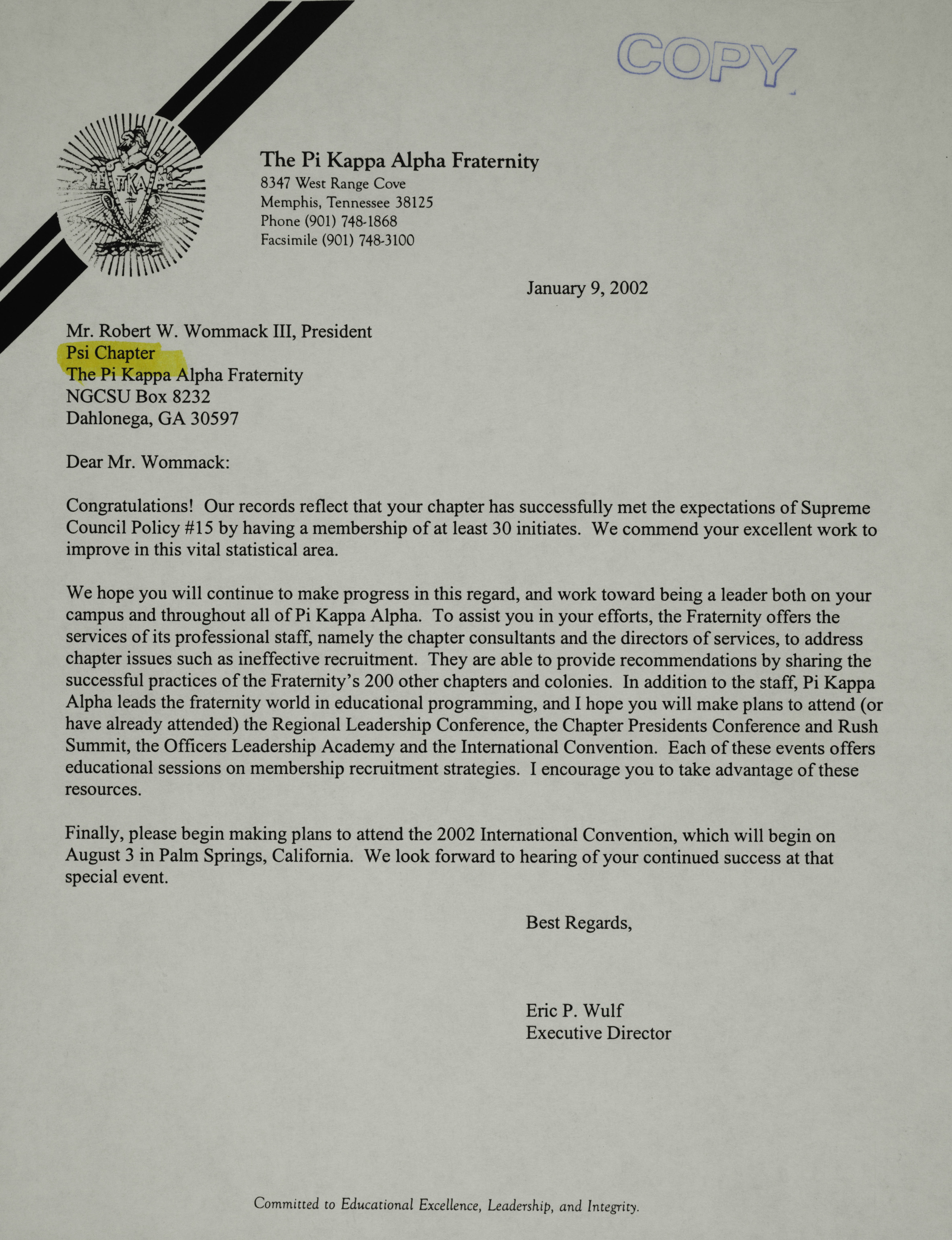 Eric Wulf to Robert Wommack Letter, January 9, 2002