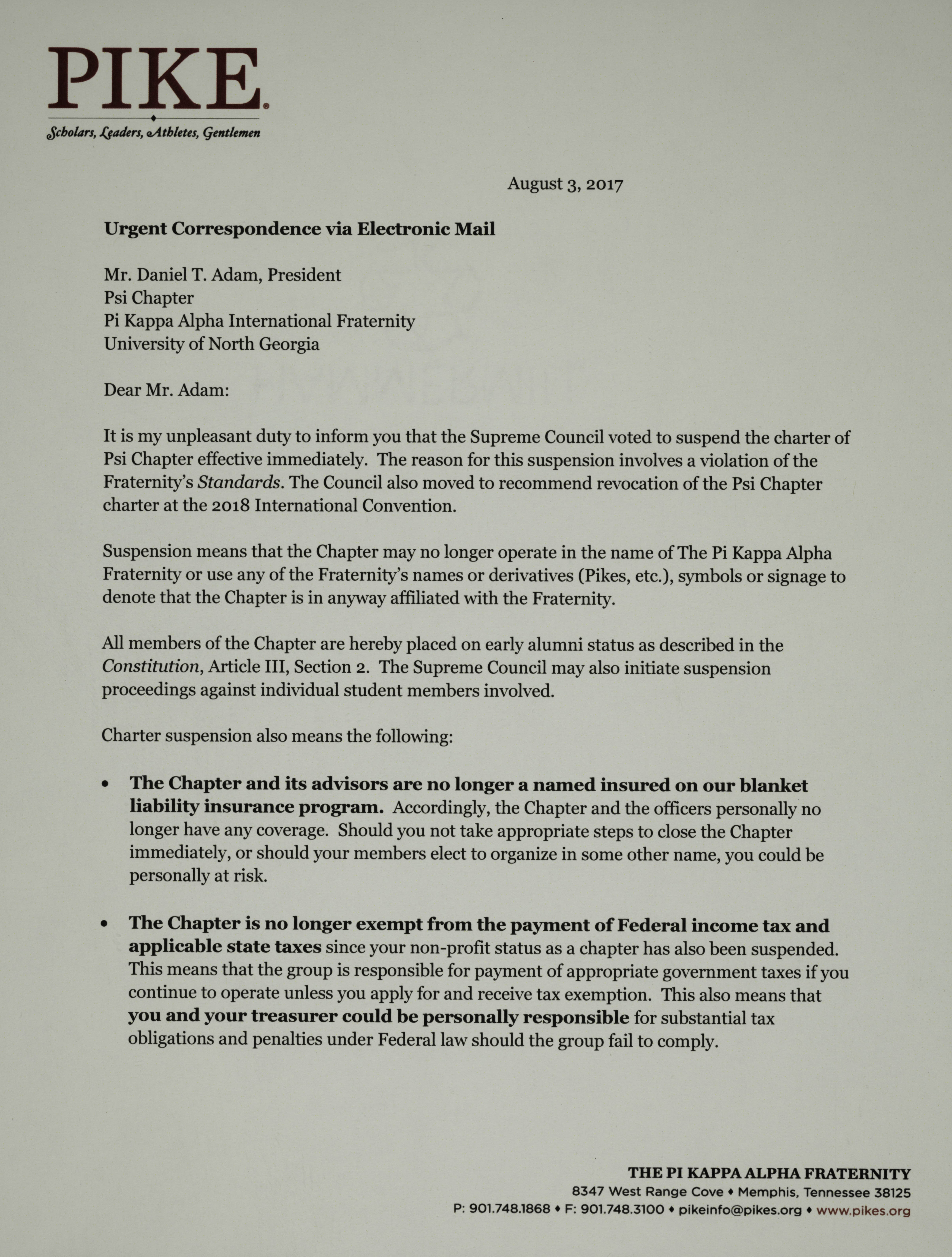 Justin Buck to Daniel Adams Letter, August 3, 2017