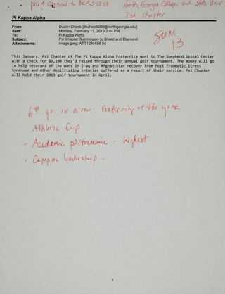 Dustin Cheek to Pi Kappa Alpha Letter, February 11, 2013