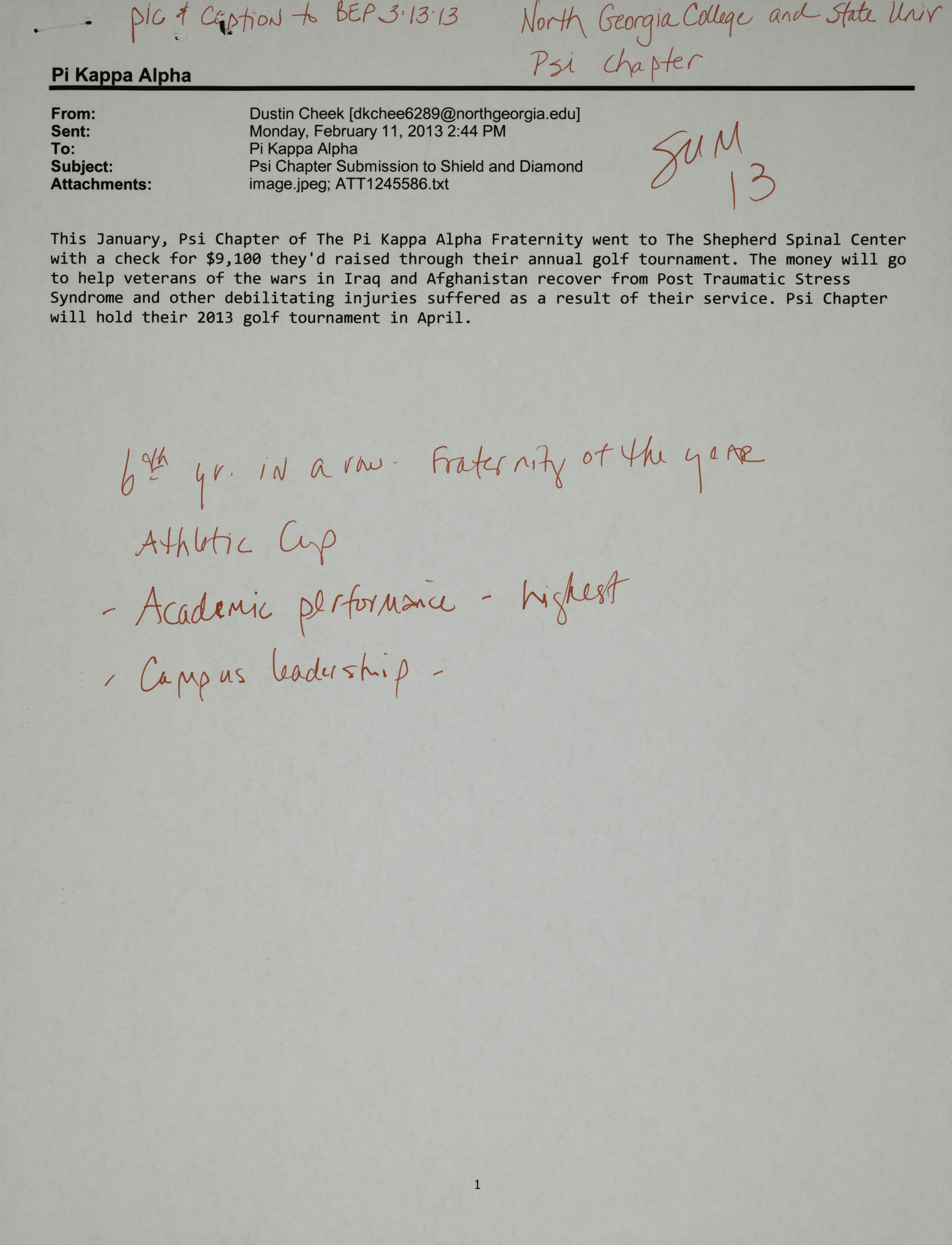 Dustin Cheek to Pi Kappa Alpha Letter, February 11, 2013