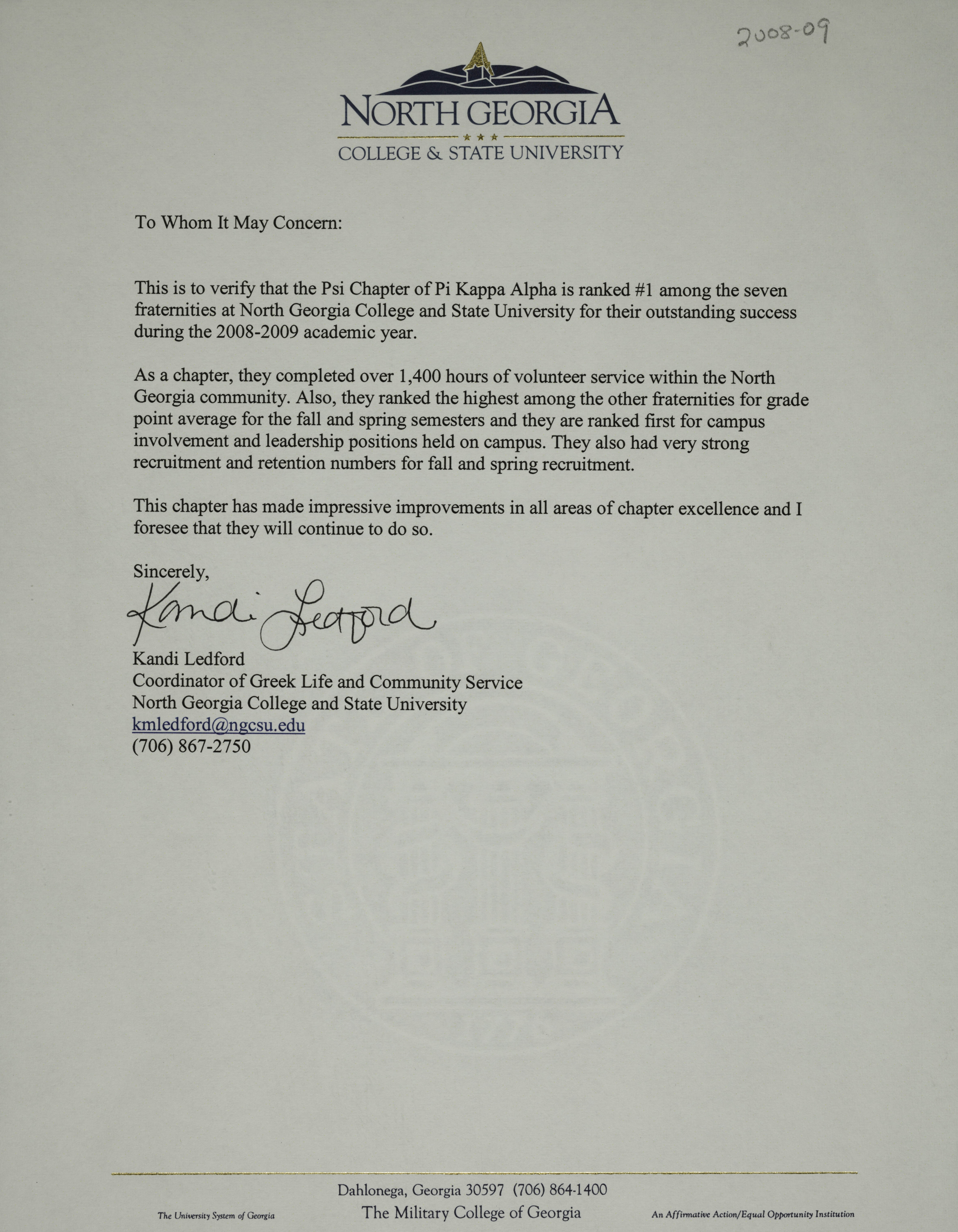 Kandi Ledford to Whom it May Concern Letter, c. 2009