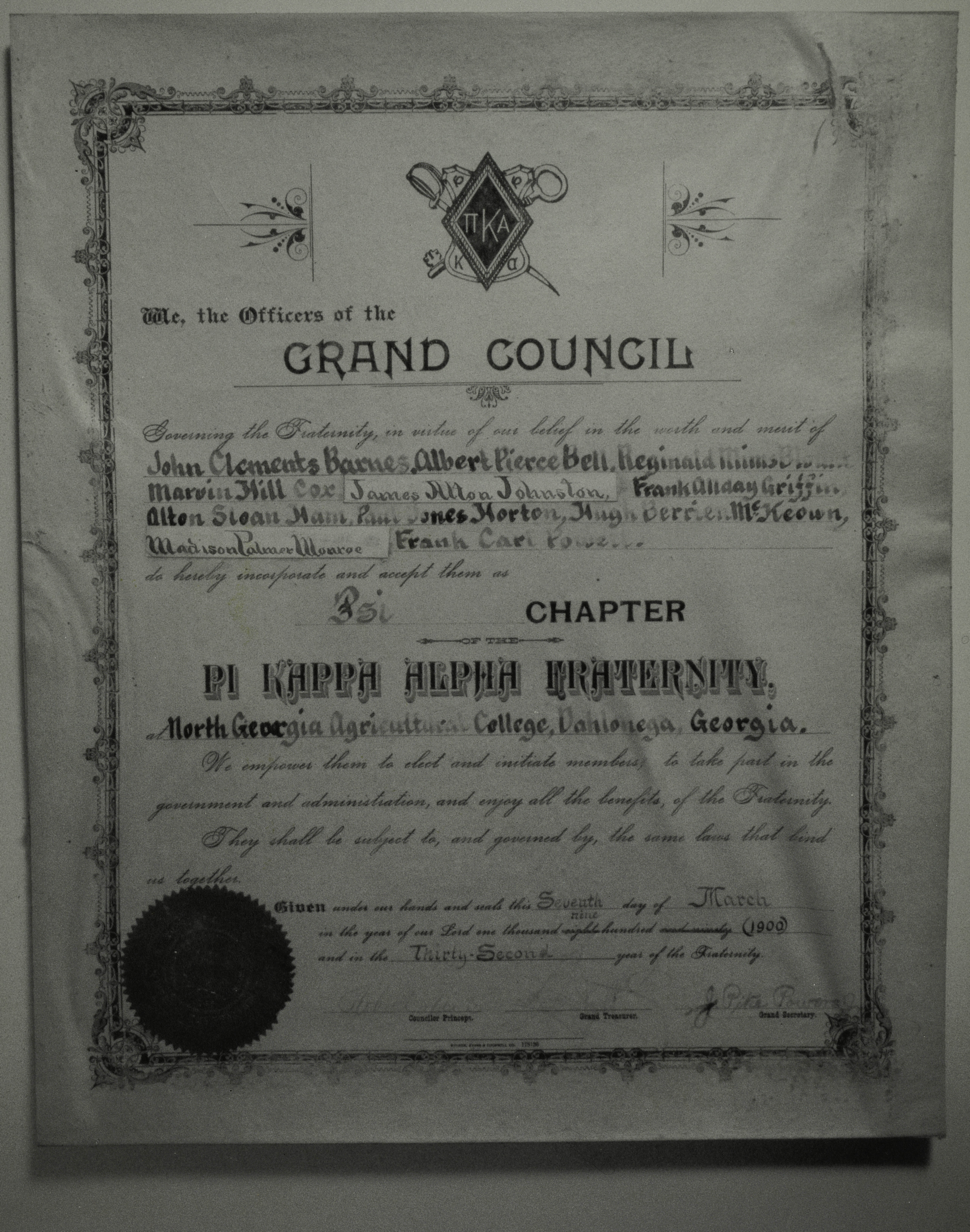 Psi Chapter Charter 1, March 7, 1900