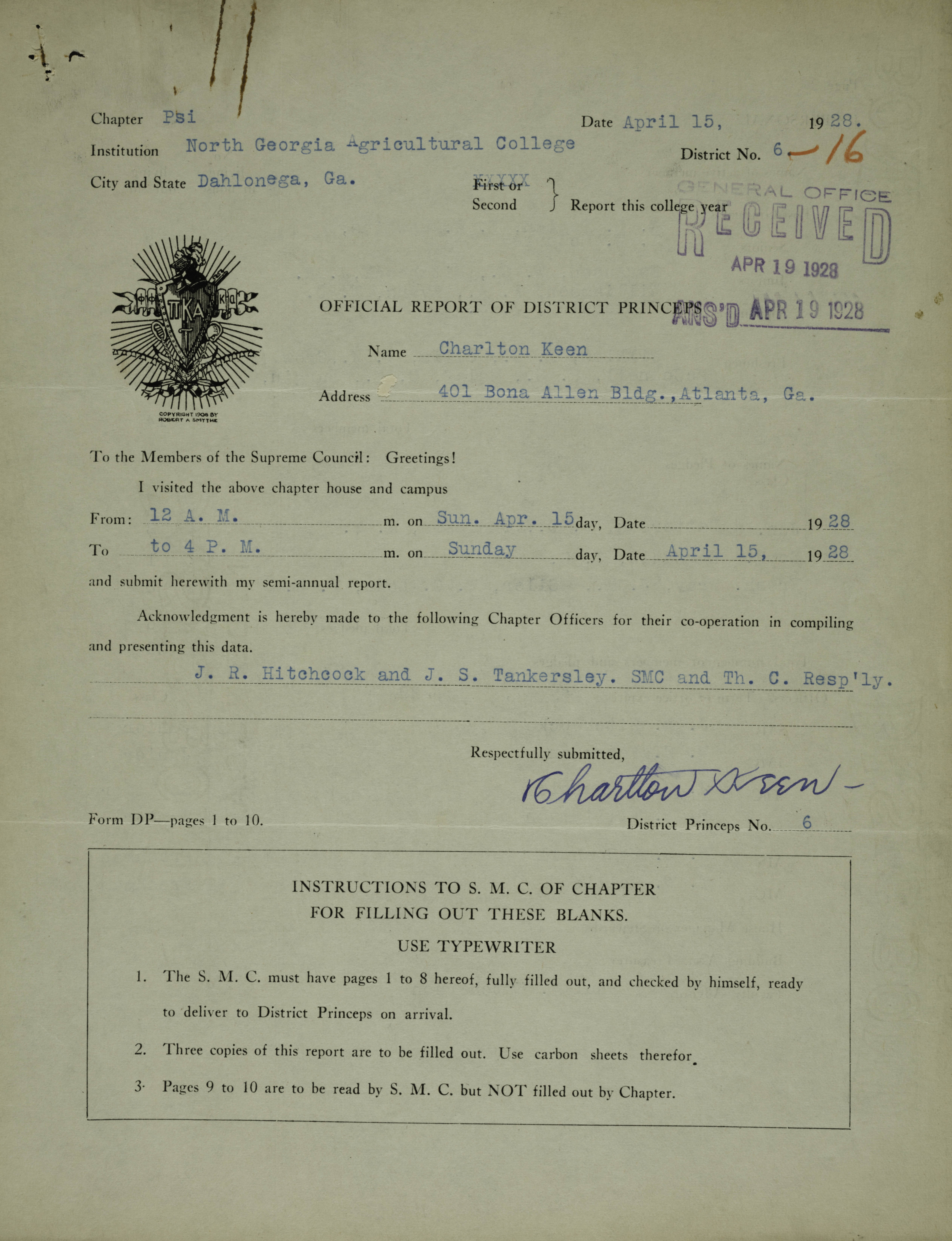 Official Report of District Princeps: Psi Chapter, April 15, 1928