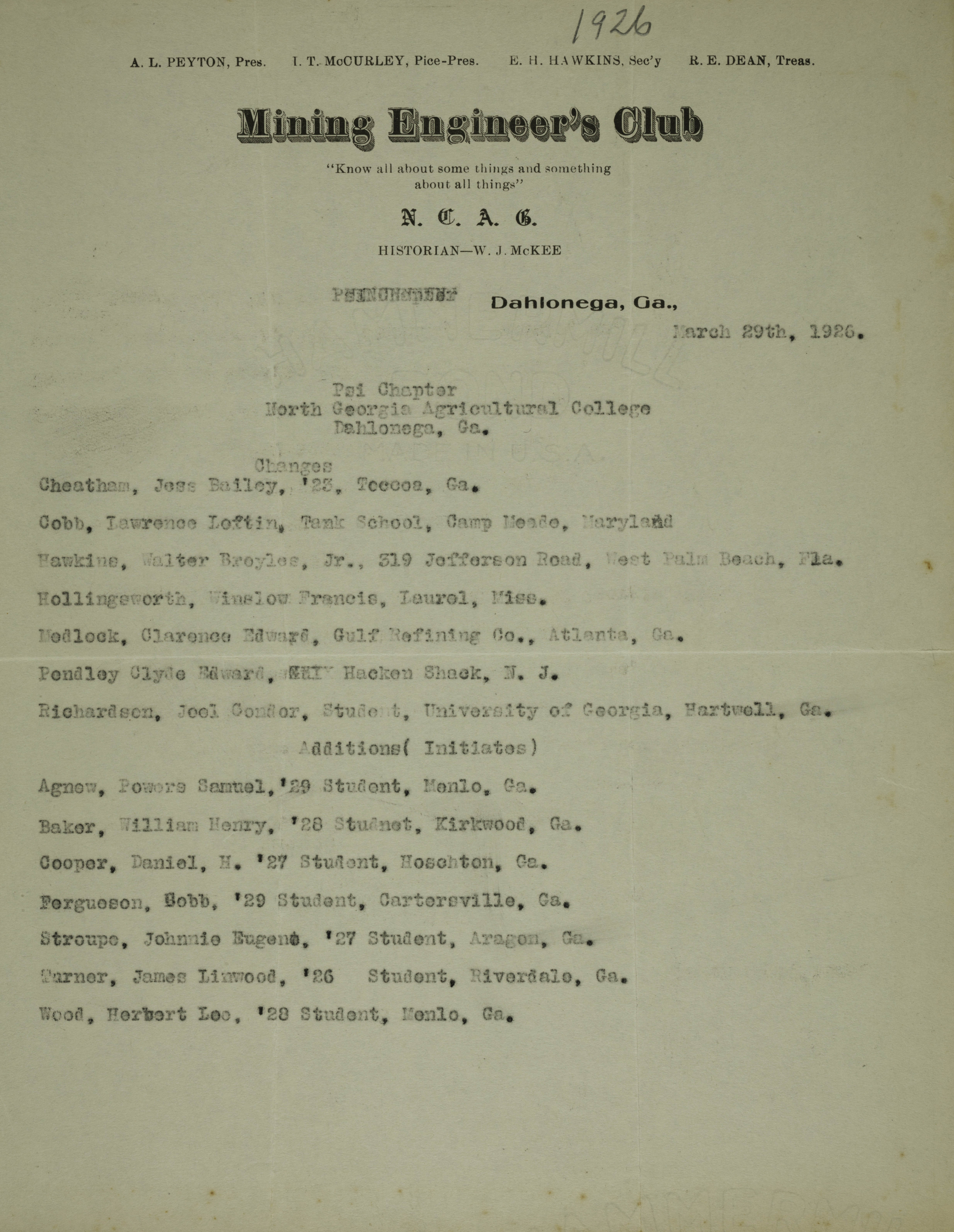 Psi Chapter Roster, March 29, 1926